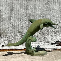 Late 20th Century Vintage Coastal Patinated Bronze Dolphin Sculpture