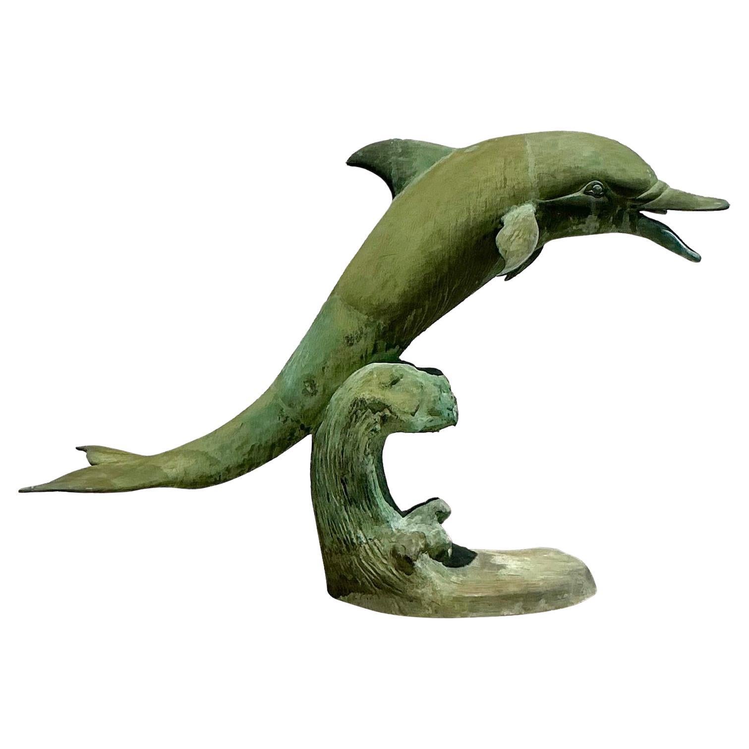 Late 20th Century Vintage Coastal Patinated Bronze Dolphin Sculpture