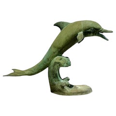 Late 20th Century Vintage Coastal Patinated Bronze Dolphin Sculpture