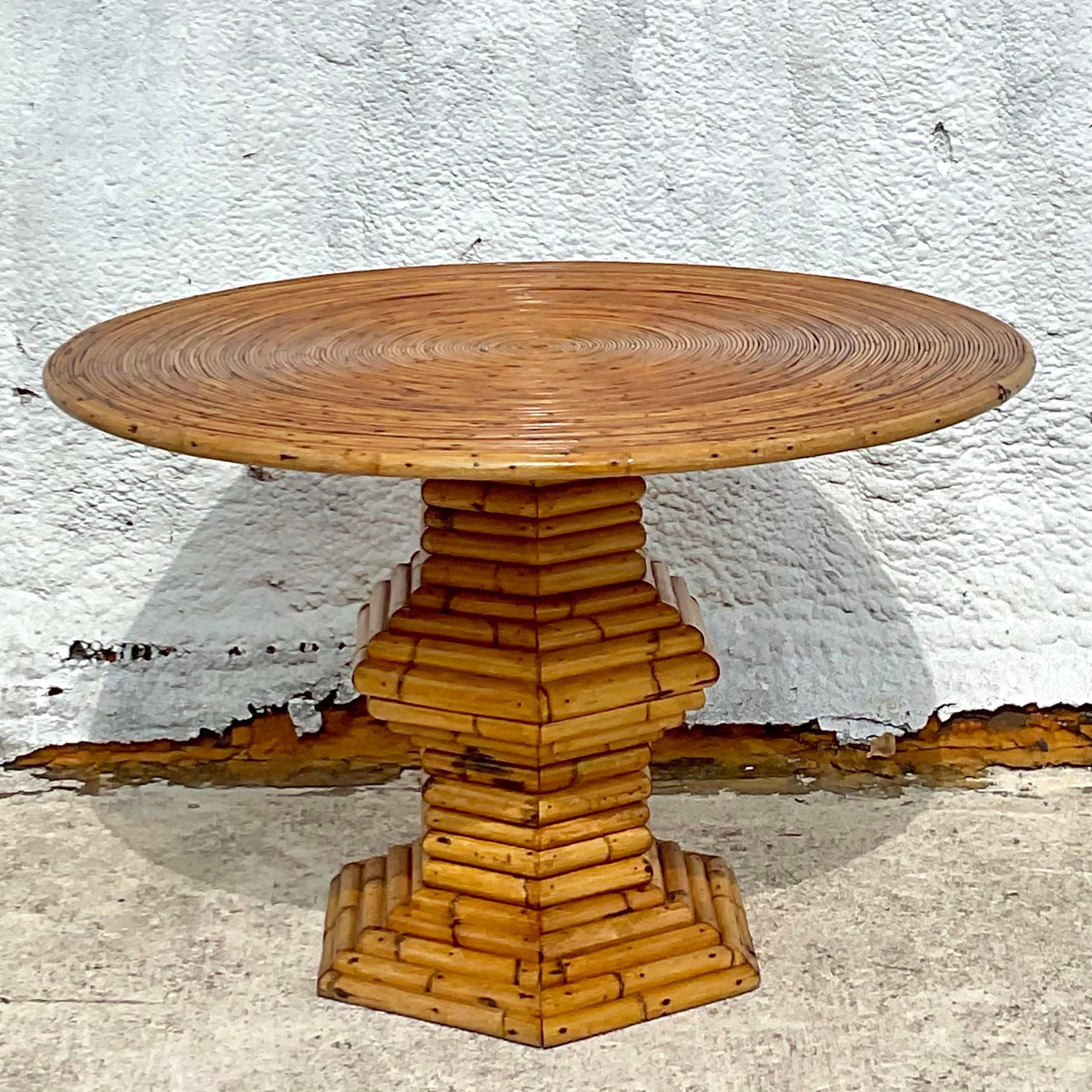 Philippine Late 20th Century Vintage Coastal Pencil Reed and Bamboo Pedestal Dining Table