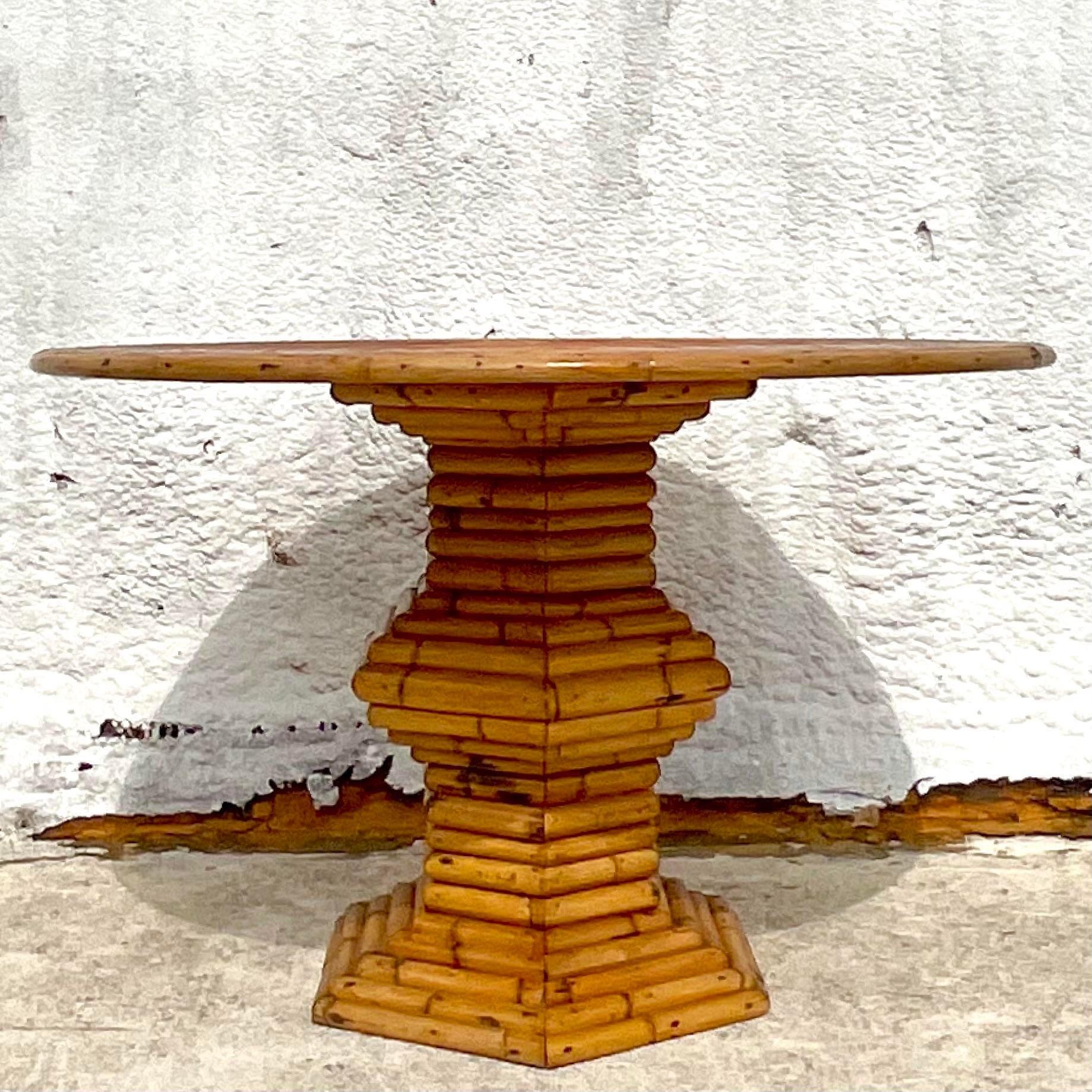 Late 20th Century Vintage Coastal Pencil Reed and Bamboo Pedestal Dining Table In Good Condition In west palm beach, FL