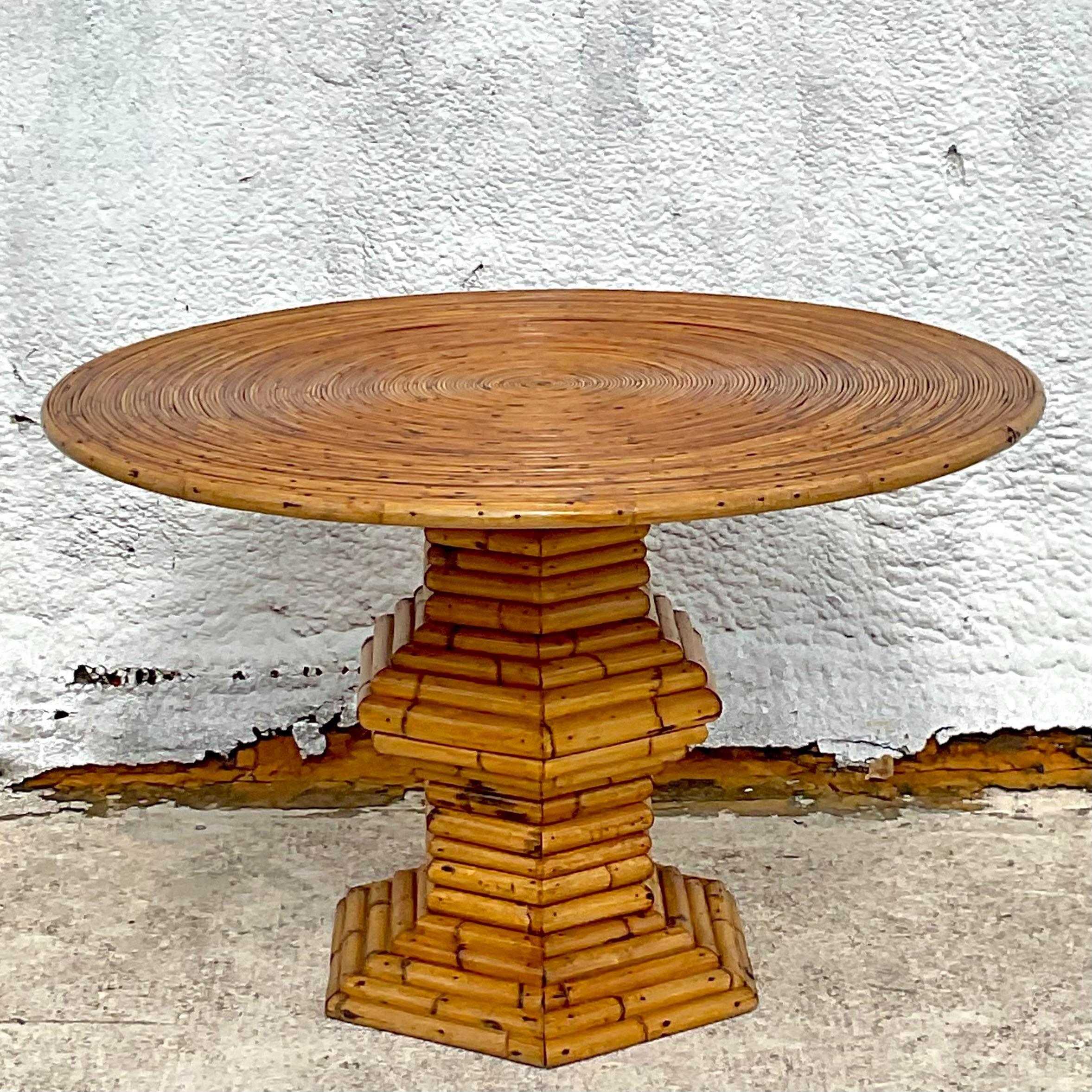 Late 20th Century Vintage Coastal Pencil Reed and Bamboo Pedestal Dining Table 1
