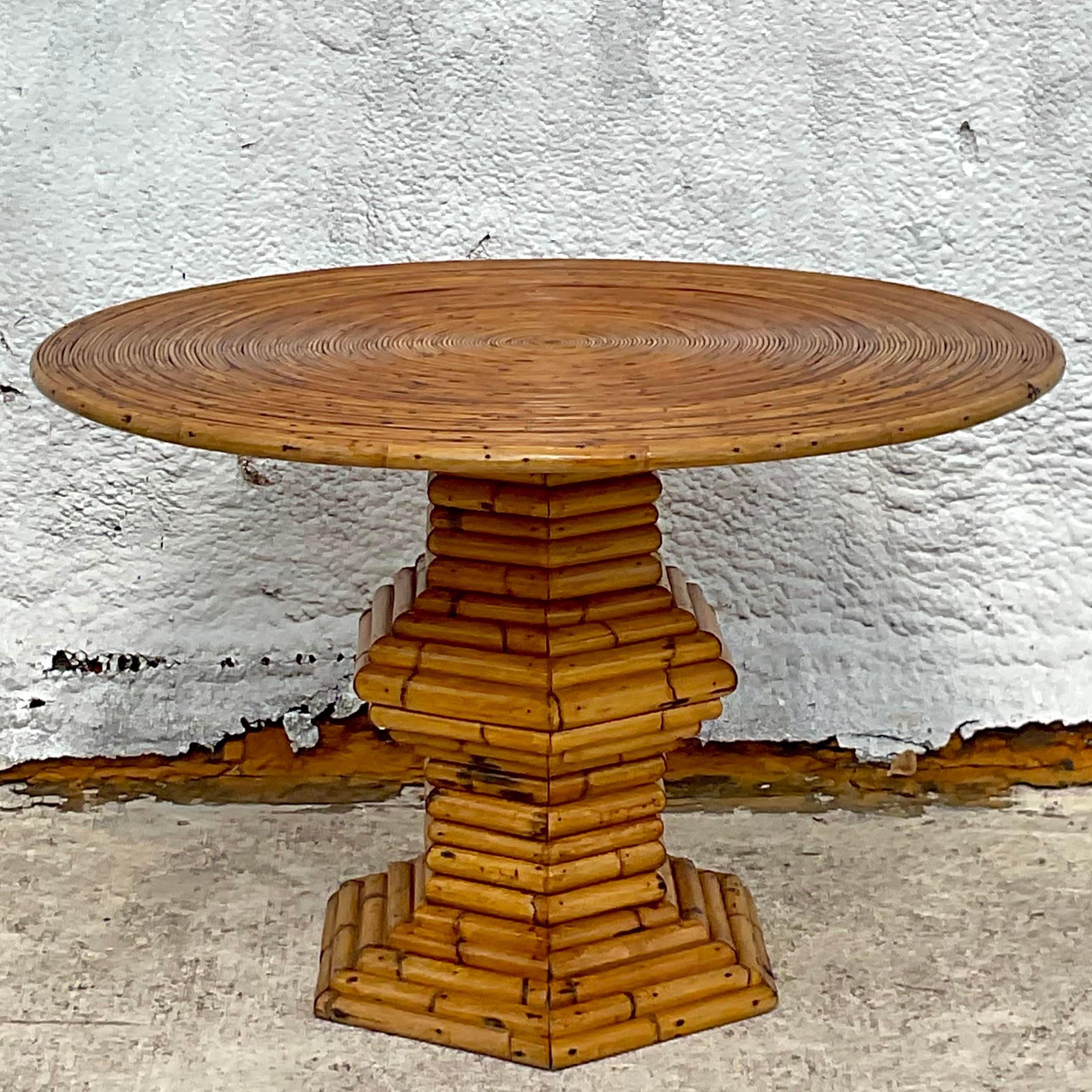 Late 20th Century Vintage Coastal Pencil Reed and Bamboo Pedestal Dining Table 3