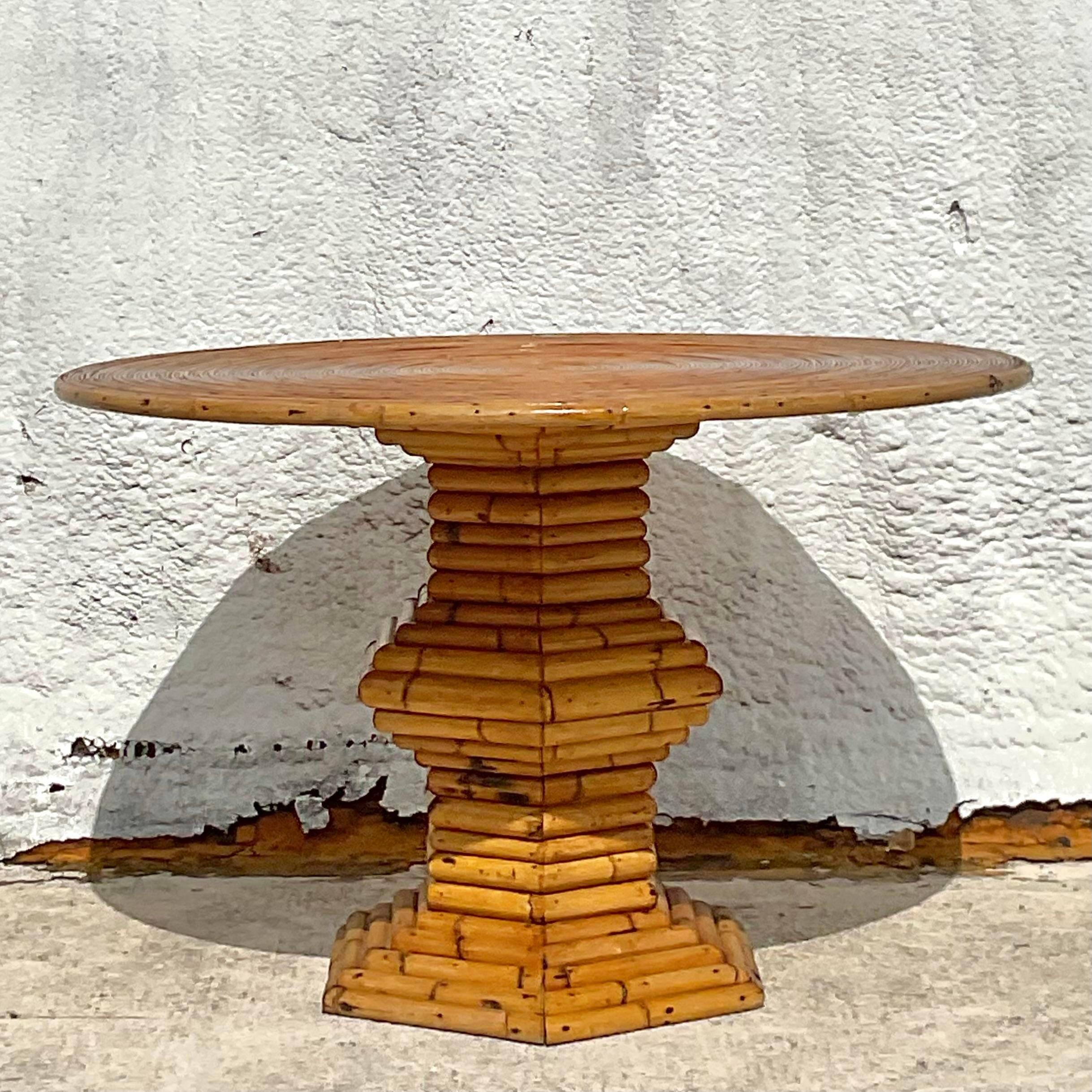 Late 20th Century Vintage Coastal Pencil Reed and Bamboo Pedestal Dining Table 4