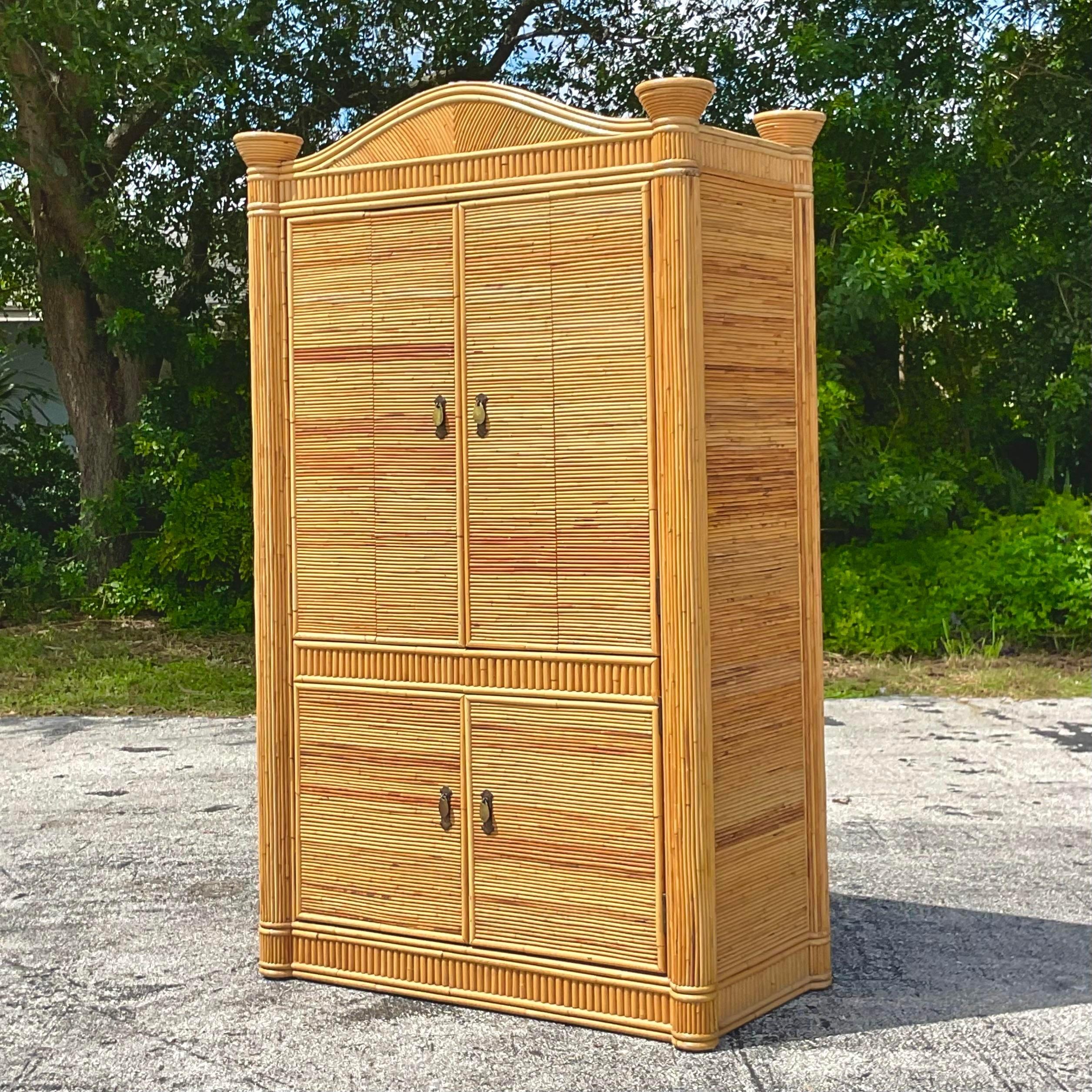 Late 20th Century Vintage Coastal Pencil Reed Armoire In Good Condition For Sale In west palm beach, FL