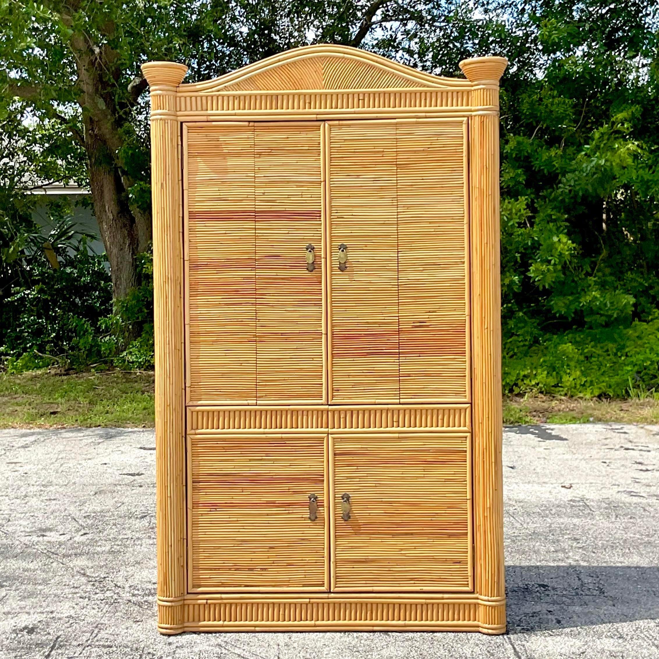Metal Late 20th Century Vintage Coastal Pencil Reed Armoire For Sale