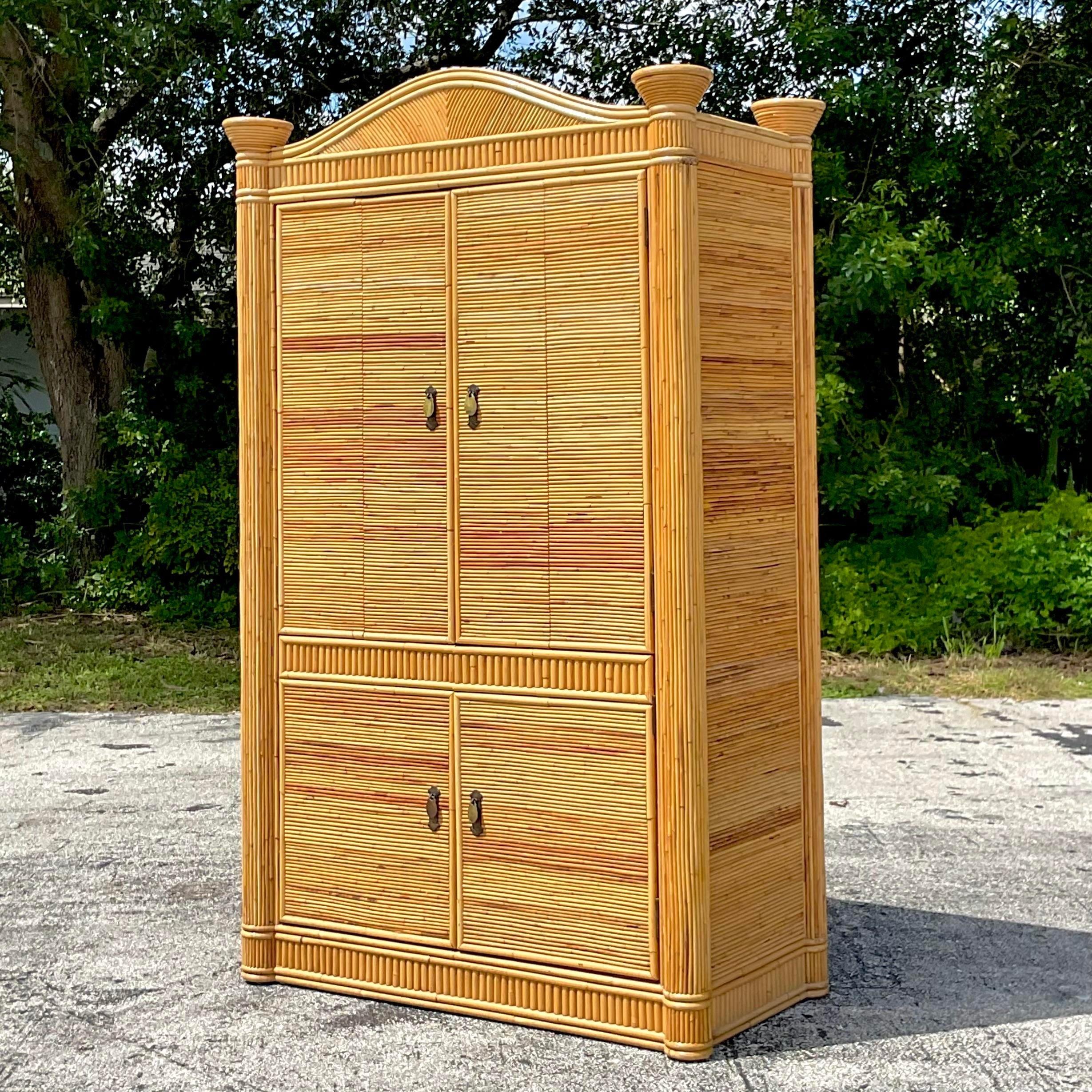 Late 20th Century Vintage Coastal Pencil Reed Armoire For Sale 1