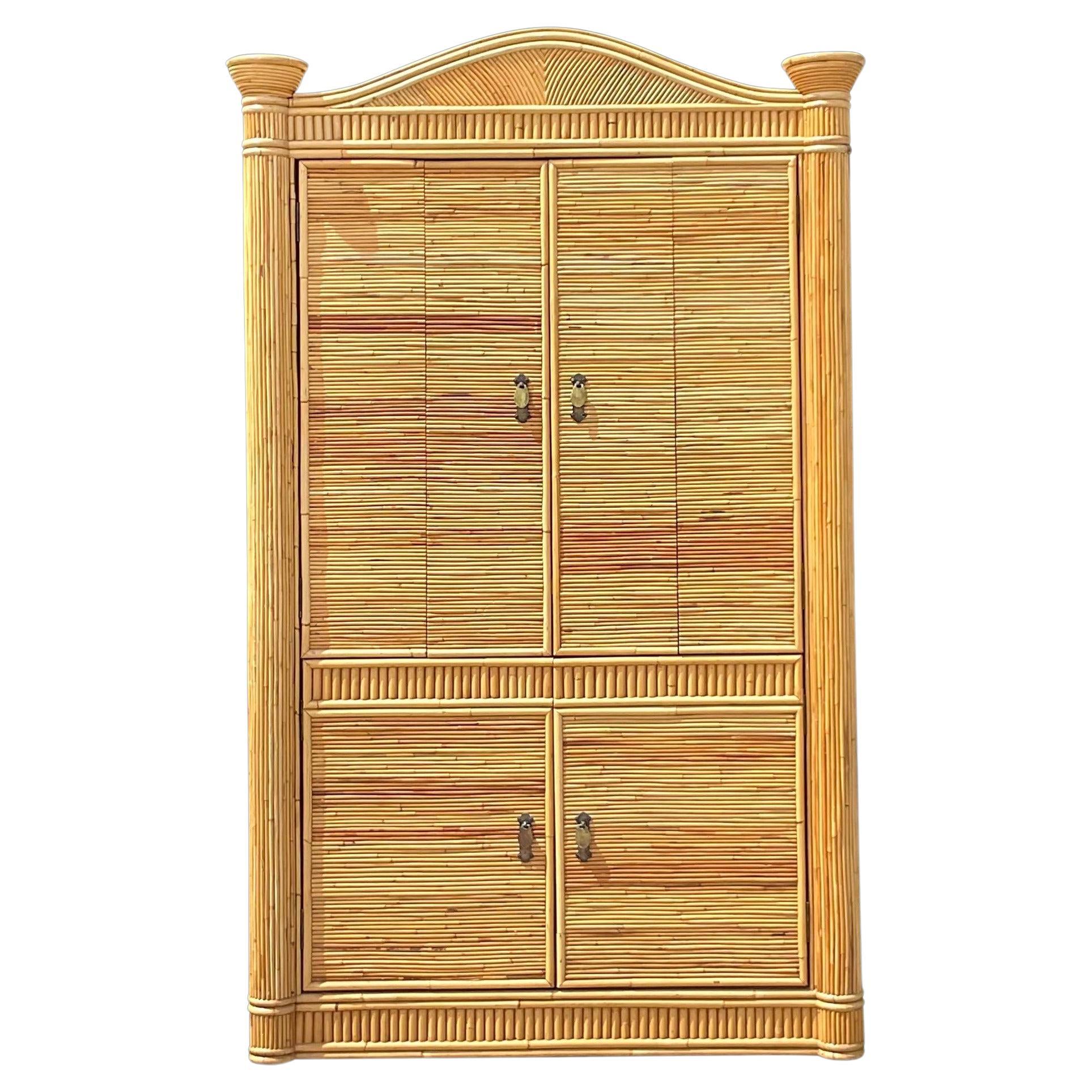 Late 20th Century Vintage Coastal Pencil Reed Armoire For Sale