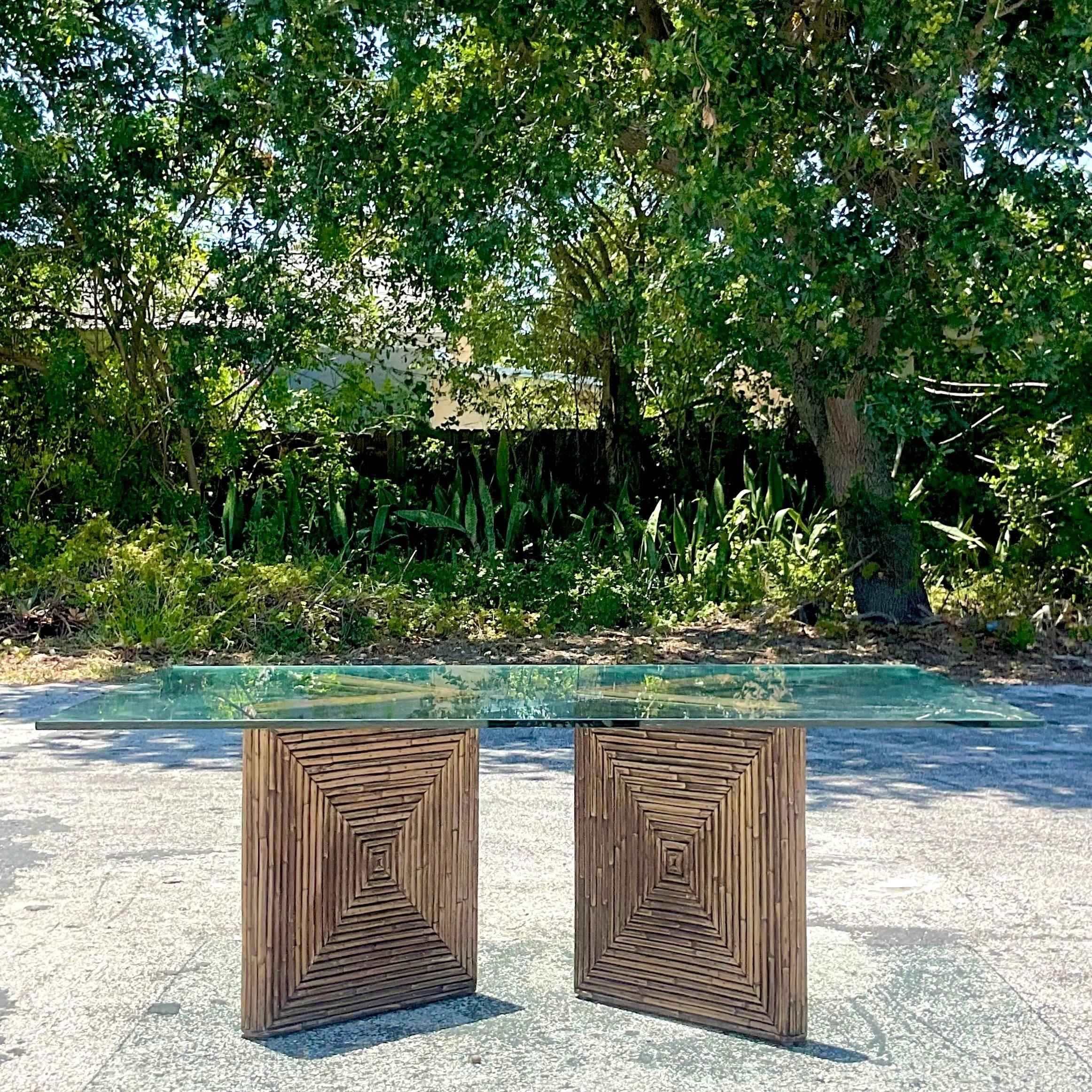 Late 20th Century Vintage Coastal Pencil Reed Coffee Table Pedestals - a Pair For Sale 2