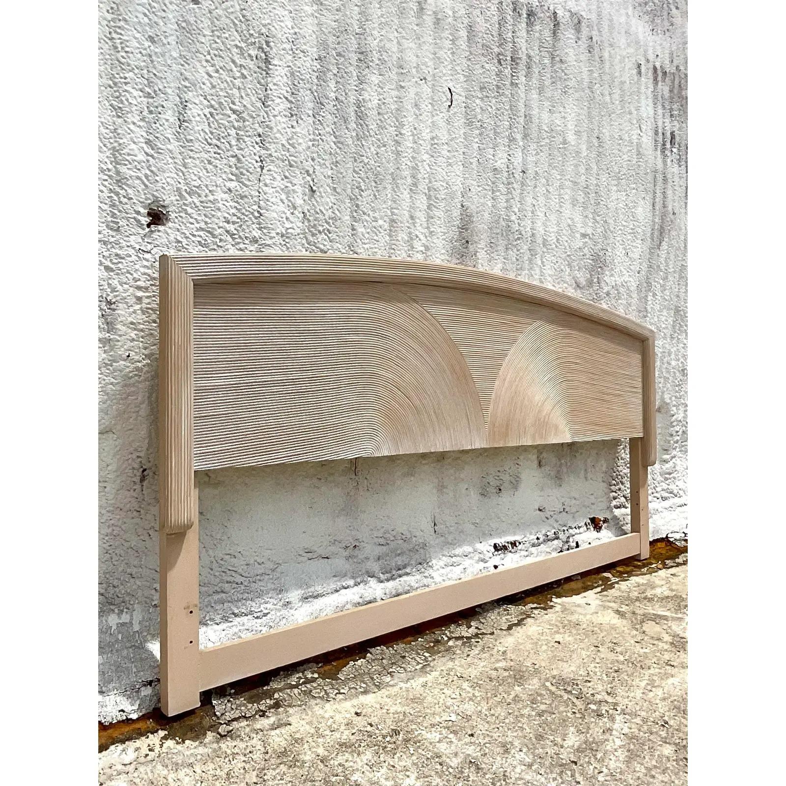 Vintage Coastal King size headboard. Beautiful cerused pencil reed construction in a low arch design. Acquired from a Palm Beach estate.