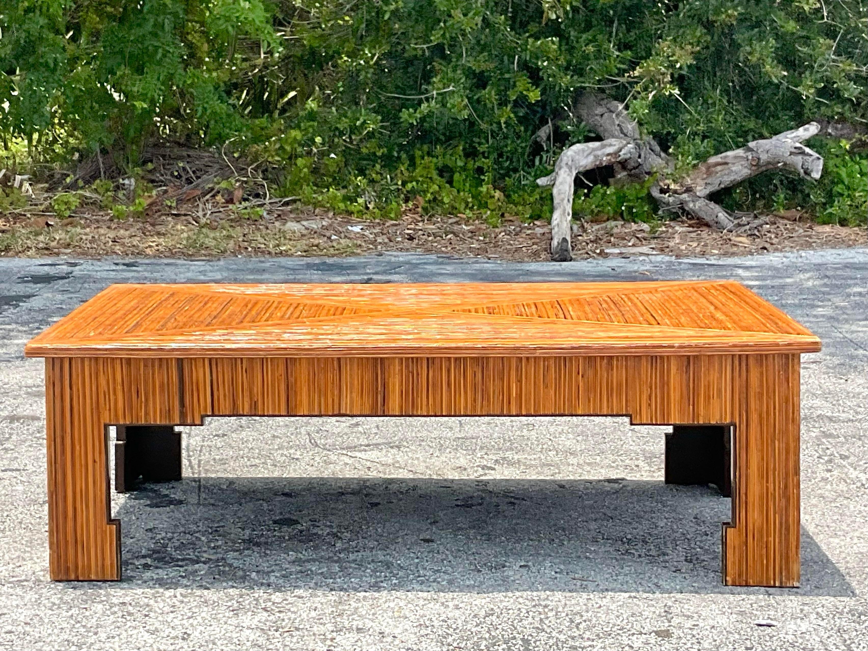 Late 20th Century Vintage Coastal Pencil Reed Ming Coffee Table In Good Condition For Sale In west palm beach, FL