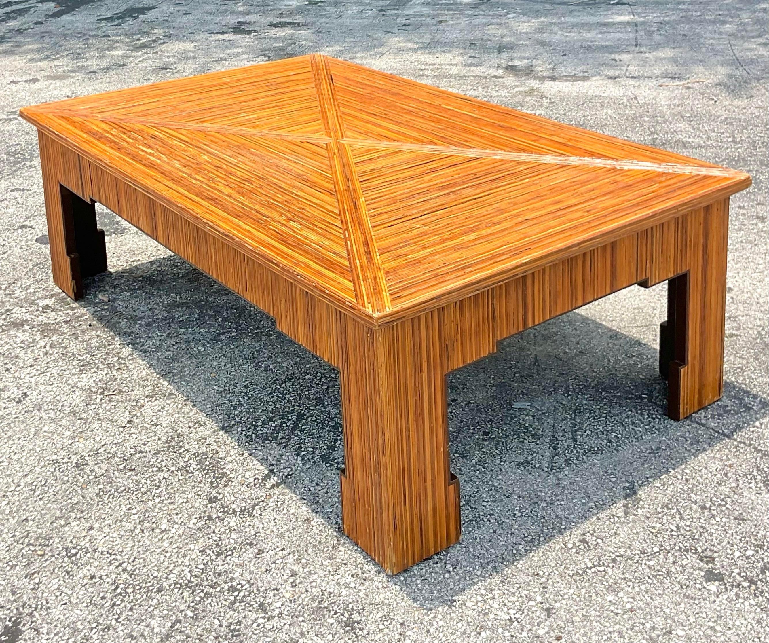 Late 20th Century Vintage Coastal Pencil Reed Ming Coffee Table For Sale 2