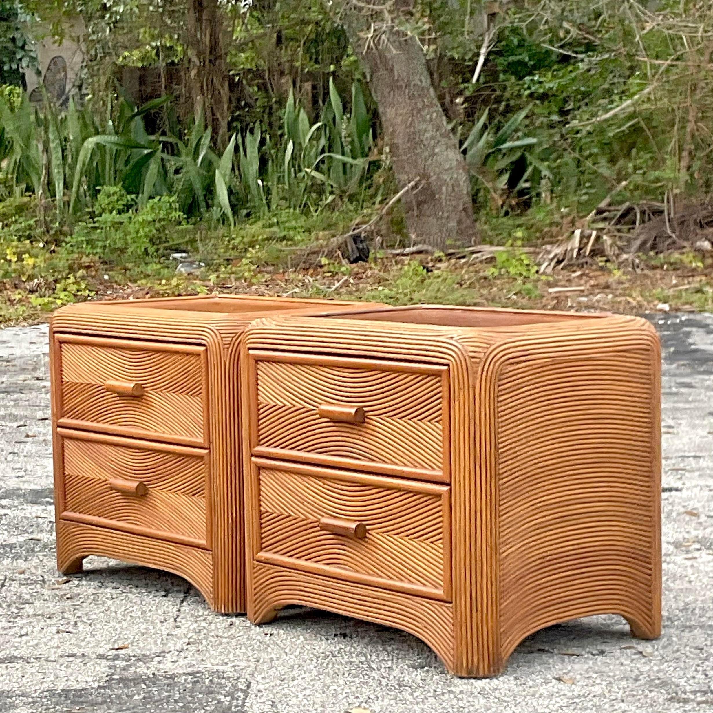 Philippine Late 20th Century Vintage Coastal Pencil Reed Nightstands - a Pair