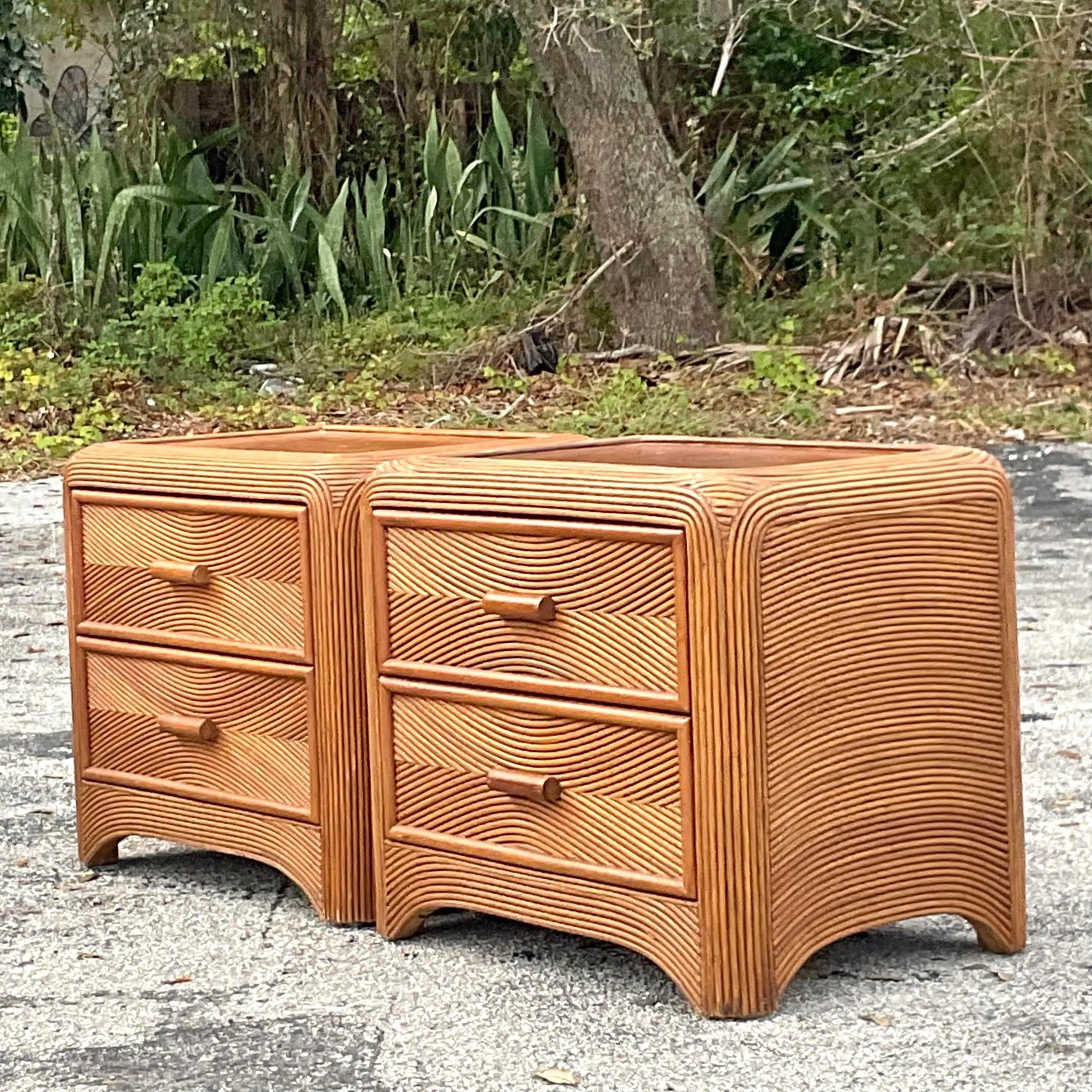 Late 20th Century Vintage Coastal Pencil Reed Nightstands - a Pair In Good Condition In west palm beach, FL