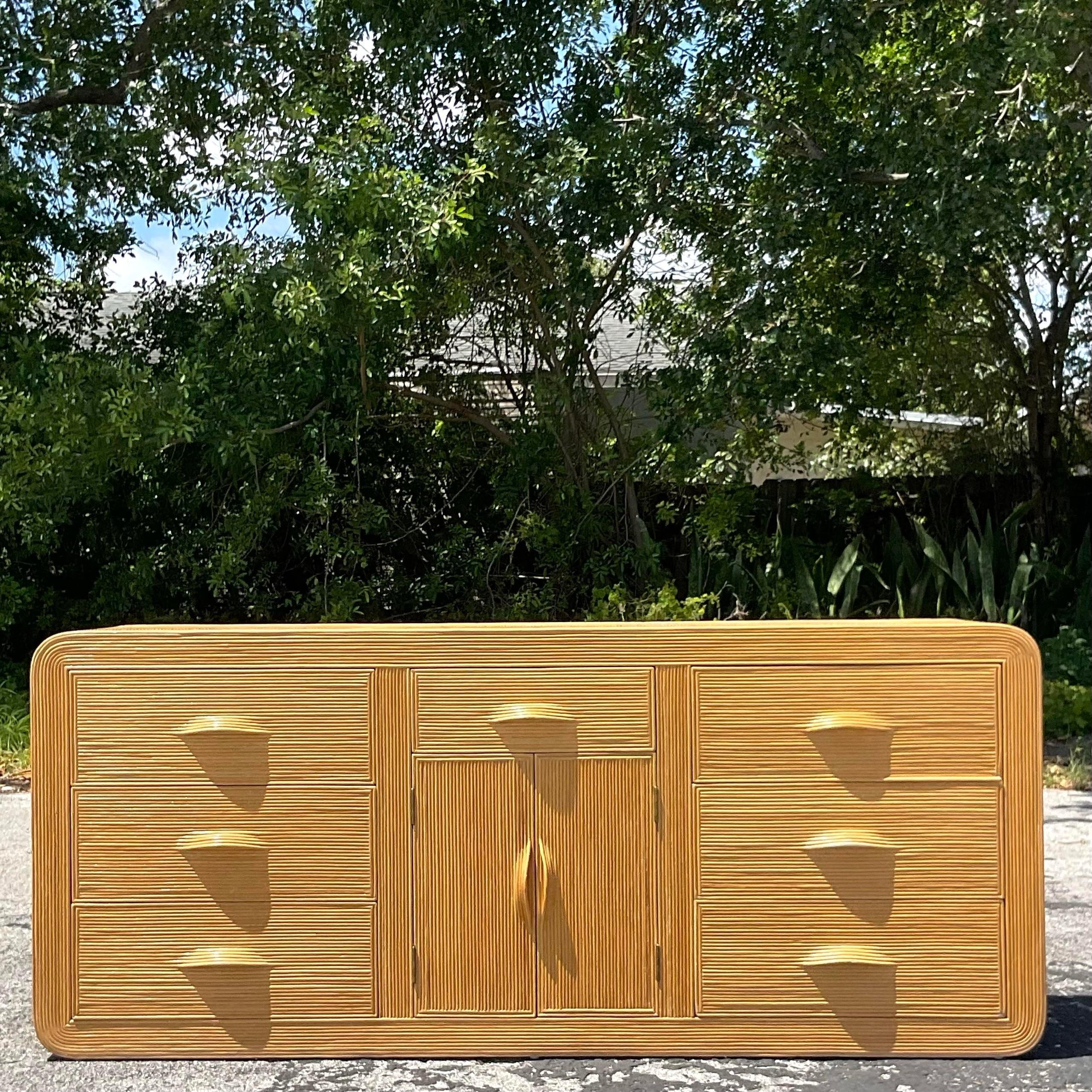 Late 20th Century Vintage Coastal Pencil Reed Waterfall Credenza For Sale 2