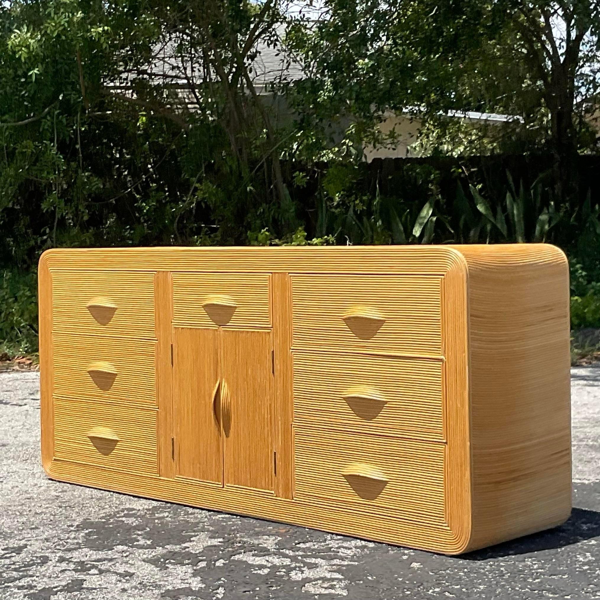 Late 20th Century Vintage Coastal Pencil Reed Waterfall Credenza For Sale 4