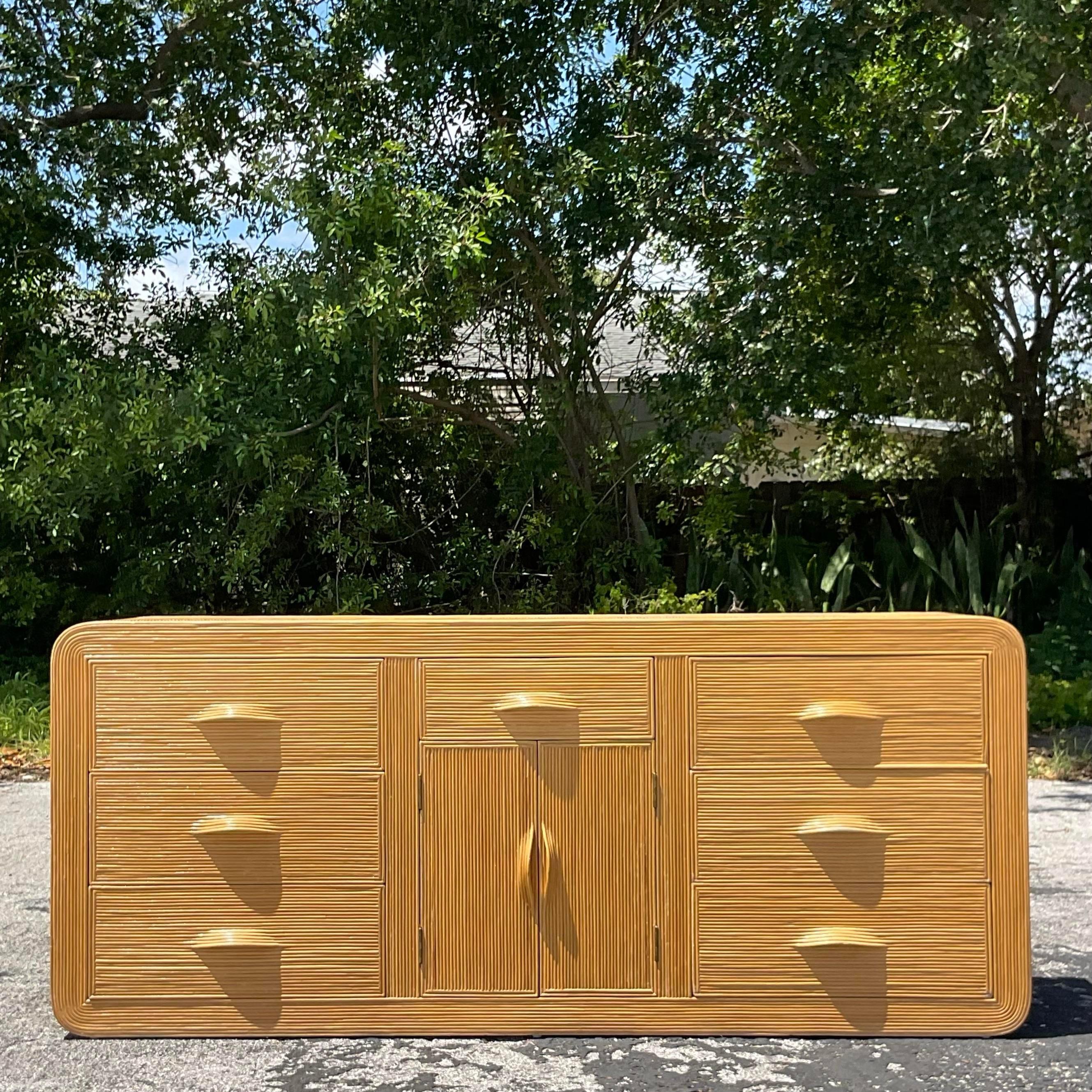 Late 20th Century Vintage Coastal Pencil Reed Waterfall Credenza For Sale 5