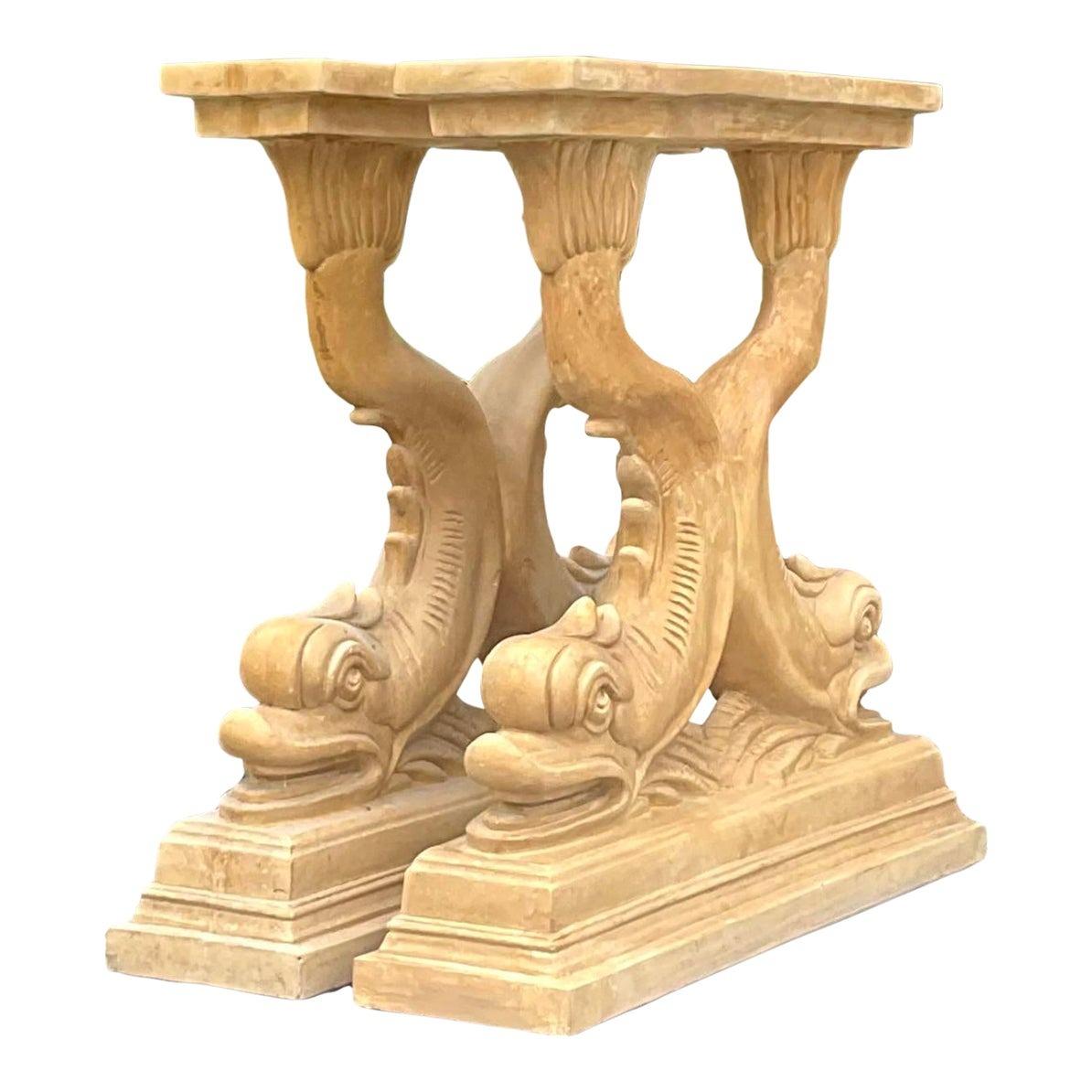 North American Late 20th Century Vintage Coastal Plaster Dolphin Pedestals - a Pair For Sale