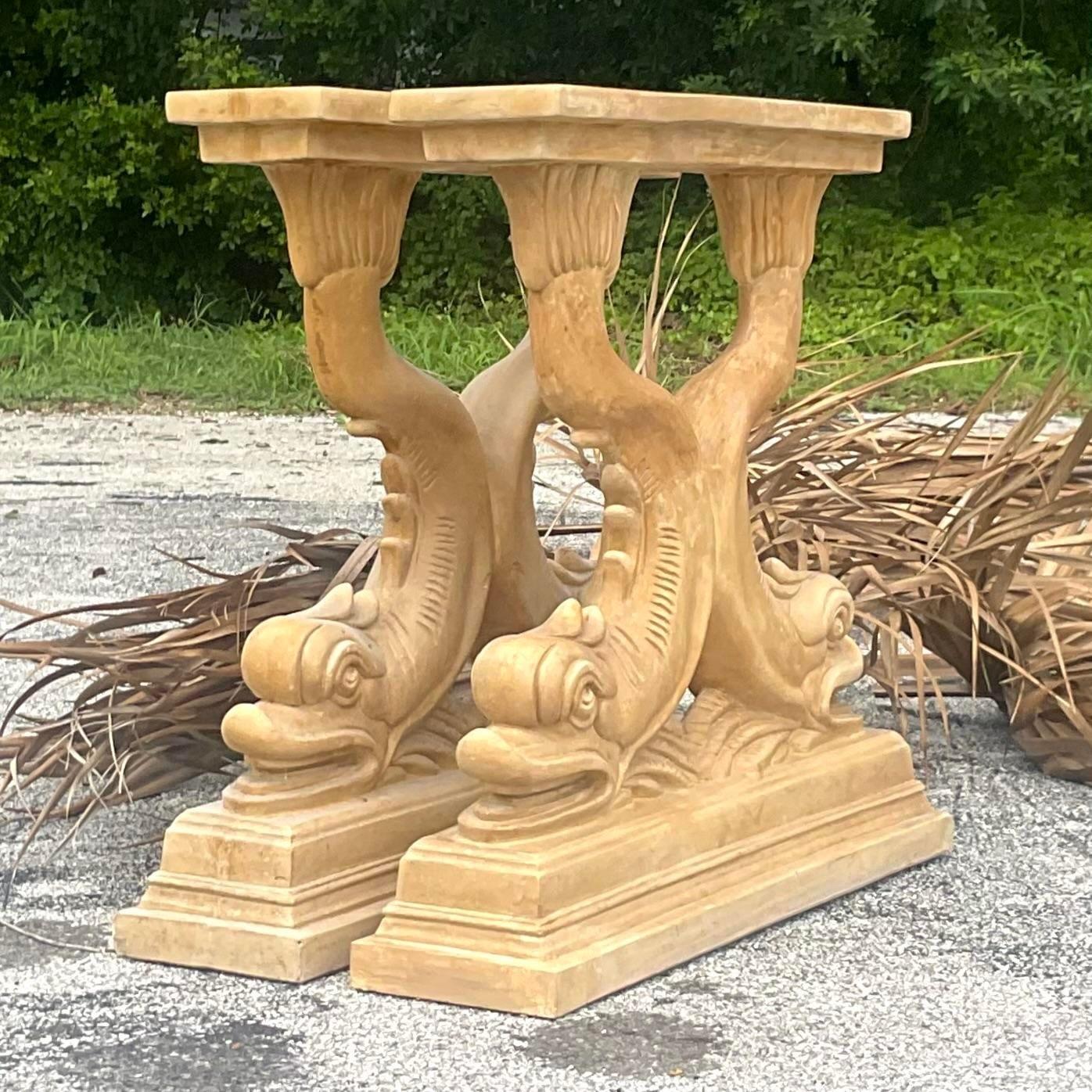 Late 20th Century Vintage Coastal Plaster Dolphin Pedestals - a Pair In Good Condition For Sale In west palm beach, FL