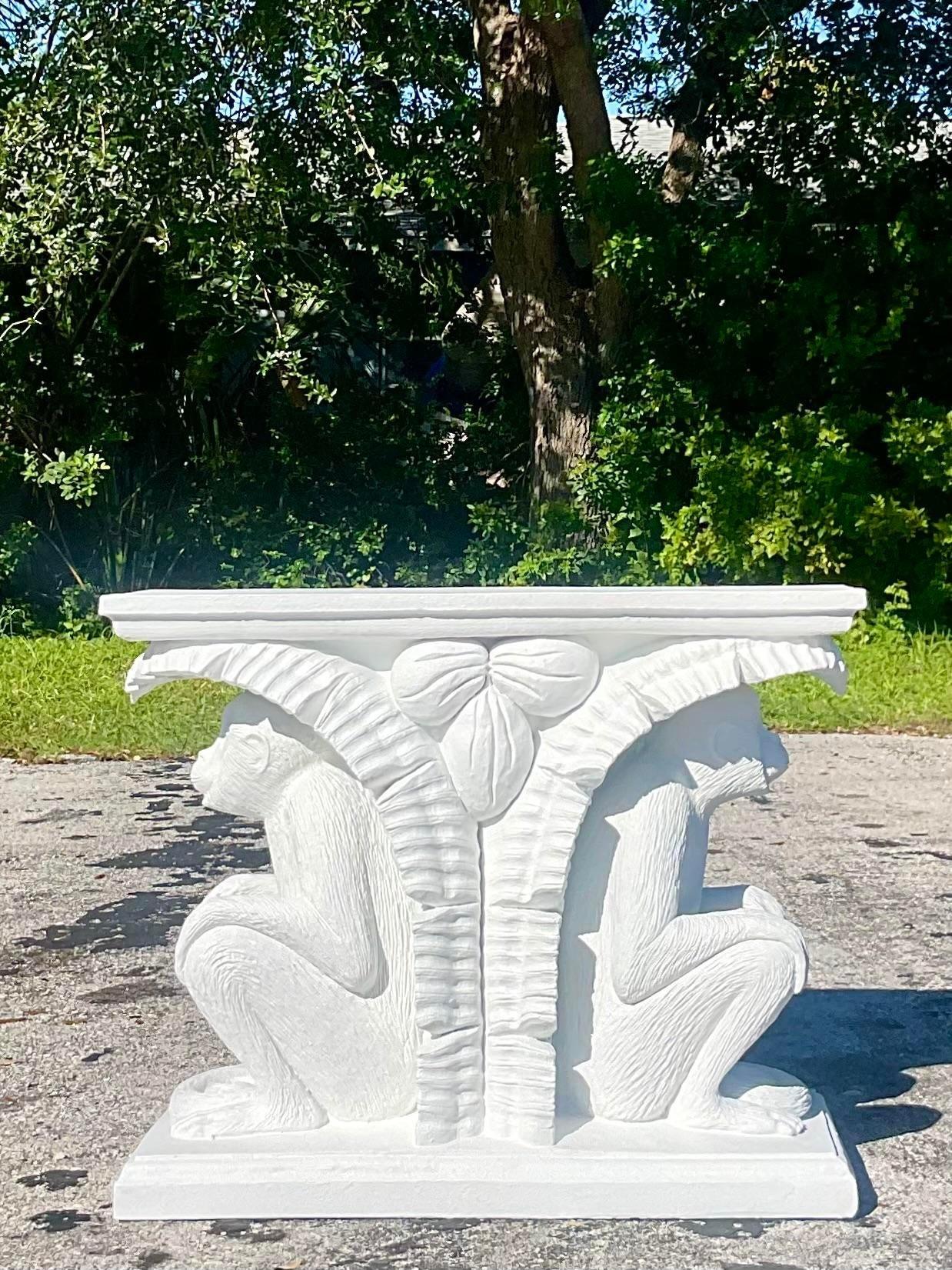 Late 20th Century Vintage Coastal Plaster Monkeys Console Table In Good Condition In west palm beach, FL