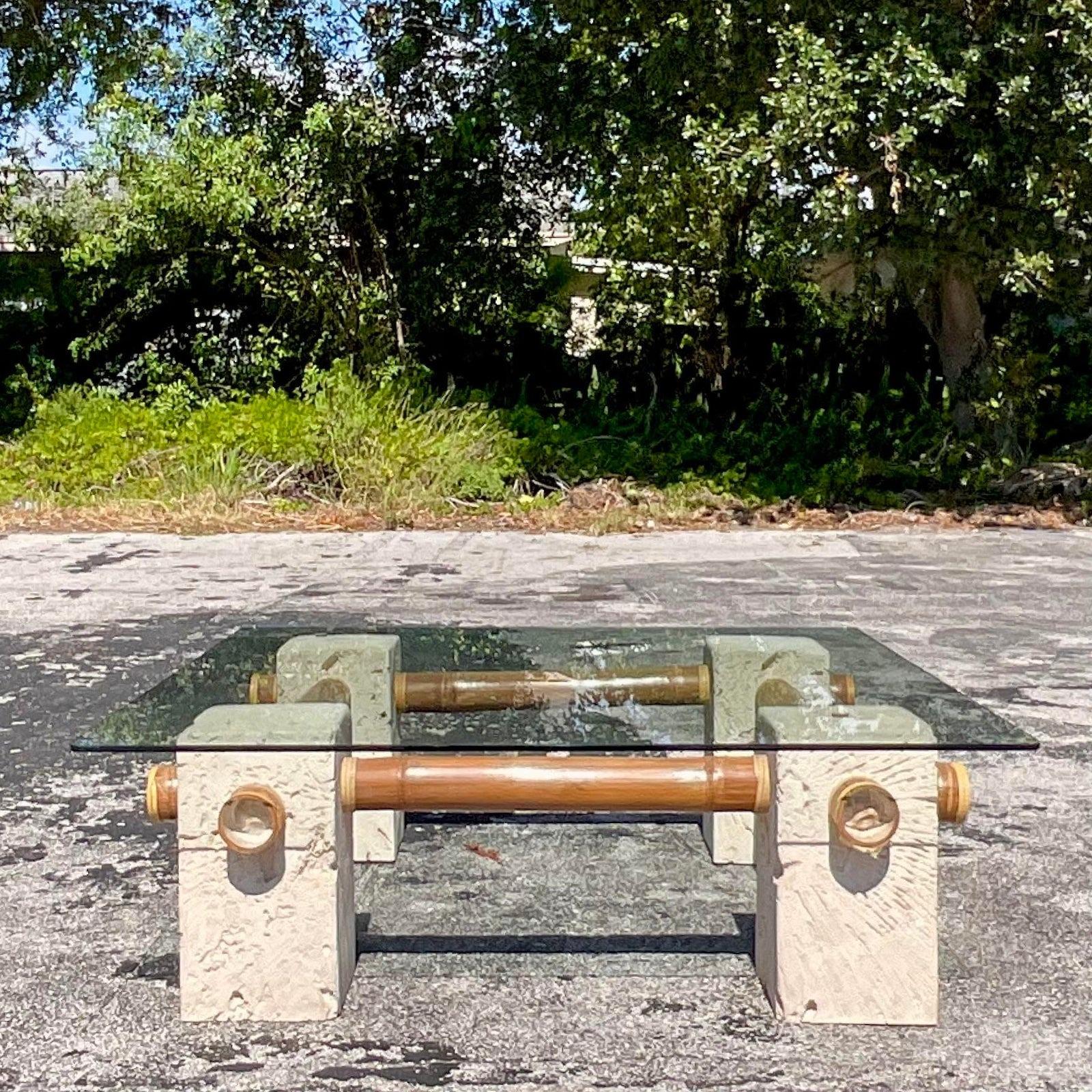 Late 20th Century Vintage Coastal Pressed Plaster and Bamboo Coffee Table In Good Condition For Sale In west palm beach, FL
