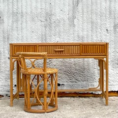Late 20th Century Vintage Coastal Pretzel Rattan Desk and Chair Set of 2