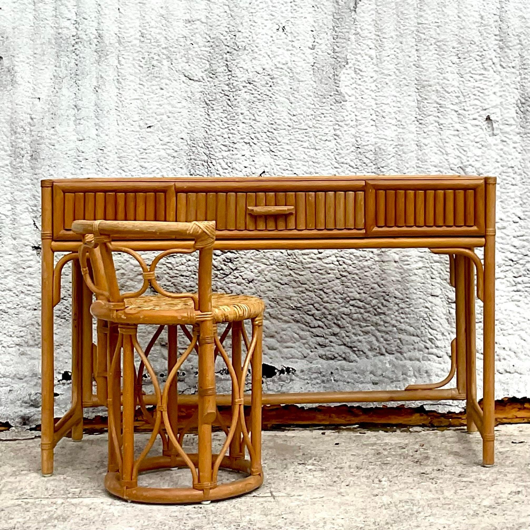 Philippine Late 20th Century Vintage Coastal Pretzel Rattan Desk and Chair Set of 2 For Sale