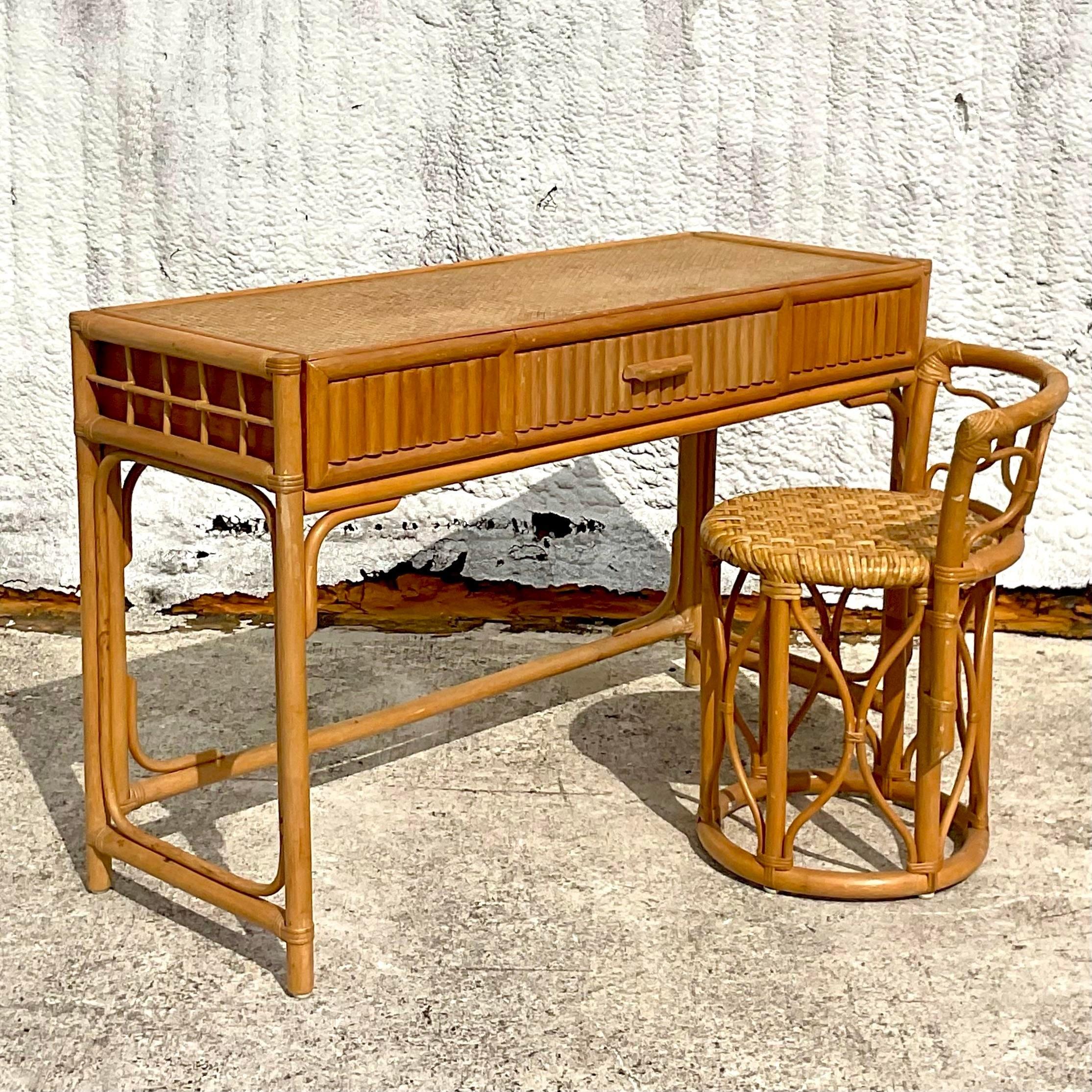 Late 20th Century Vintage Coastal Pretzel Rattan Desk and Chair Set of 2 In Good Condition For Sale In west palm beach, FL