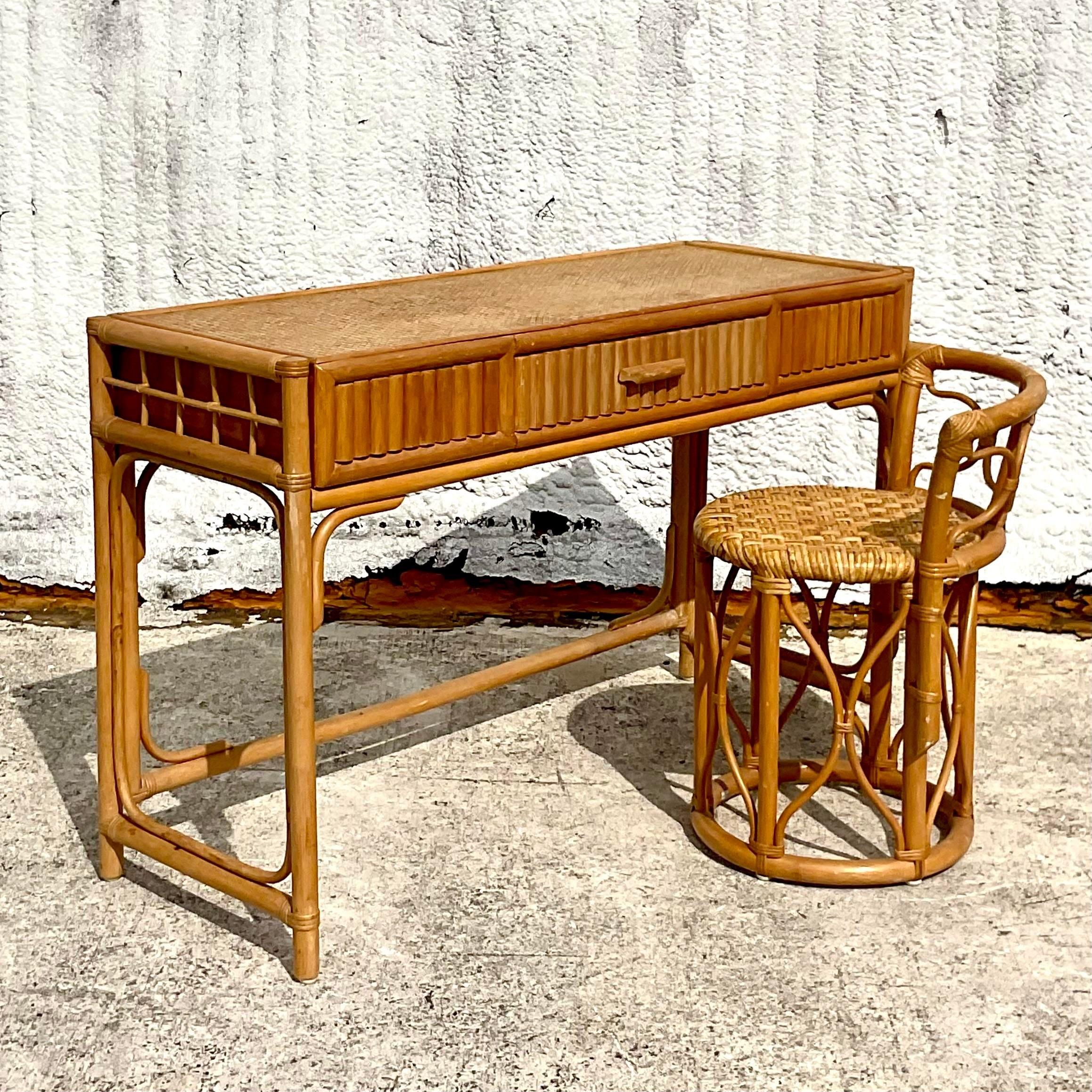 Philippine Late 20th Century Vintage Coastal Pretzel Rattan Desk and Chair Set of 2