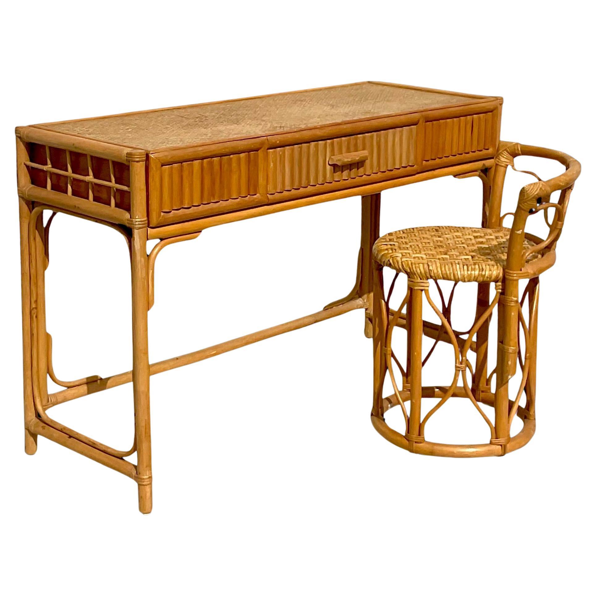 Late 20th Century Vintage Coastal Pretzel Rattan Desk and Chair Set of 2 For Sale