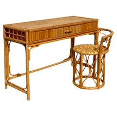 Late 20th Century Vintage Coastal Pretzel Rattan Desk and Chair Set of 2