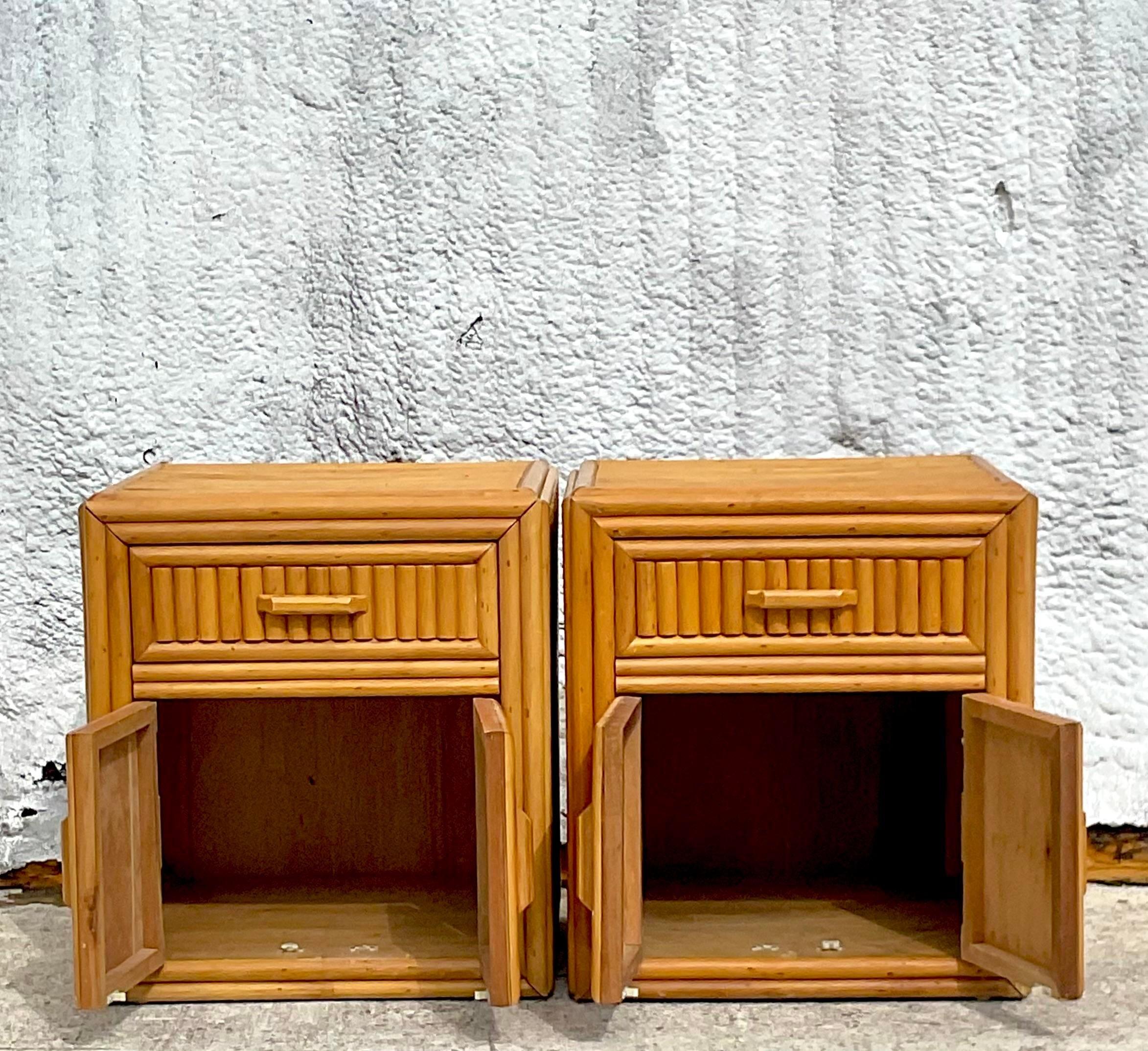 Late 20th Century Vintage Coastal Pretzel Rattan Nightstands - a Pair In Good Condition For Sale In west palm beach, FL
