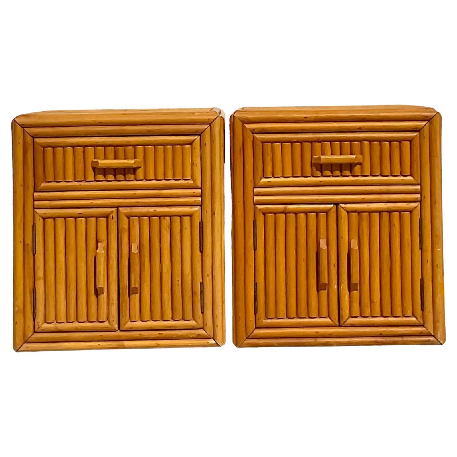 Late 20th Century Vintage Coastal Pretzel Rattan Nightstands - a Pair For Sale