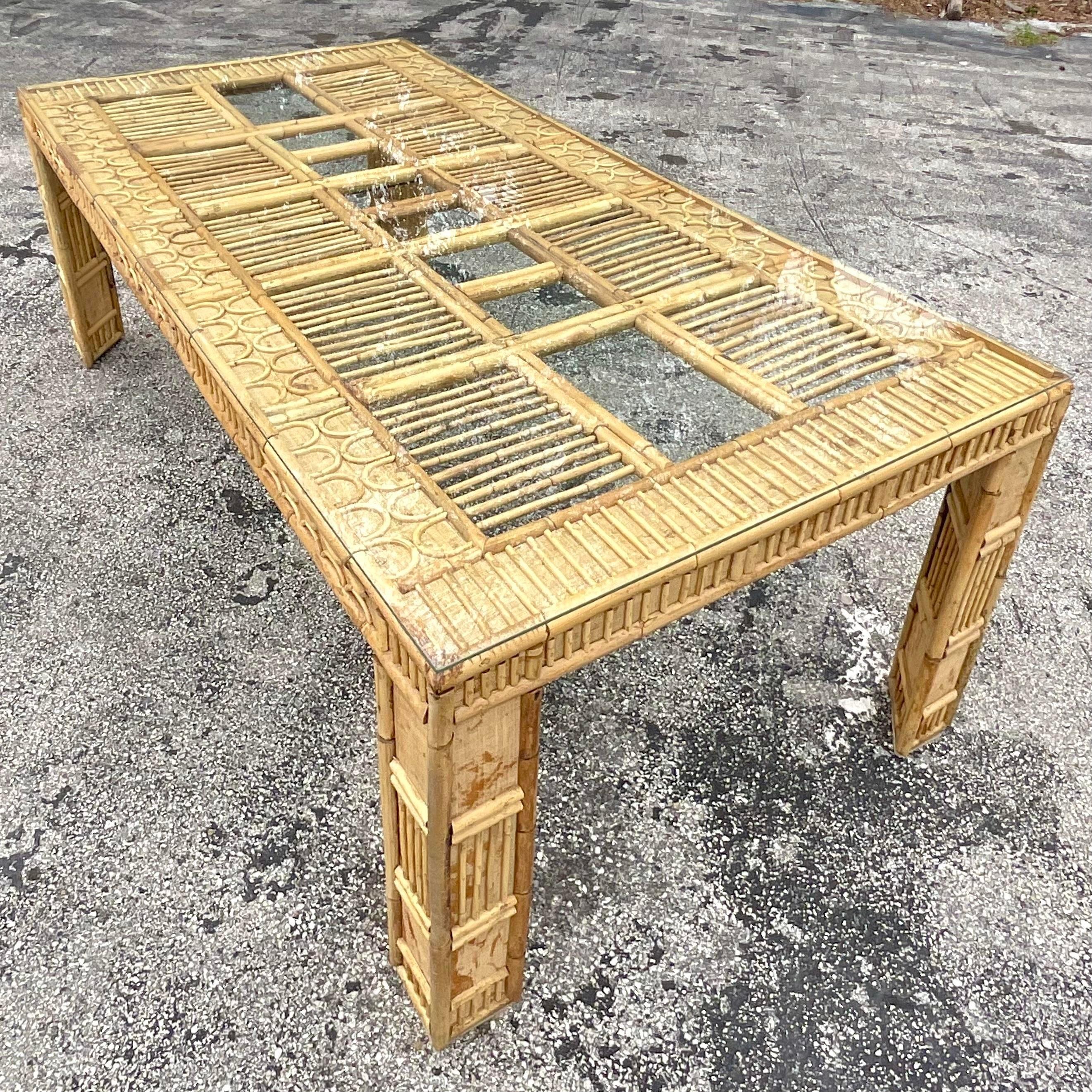Philippine Late 20th Century Vintage Coastal Rattan and Grasscloth Dining Table For Sale