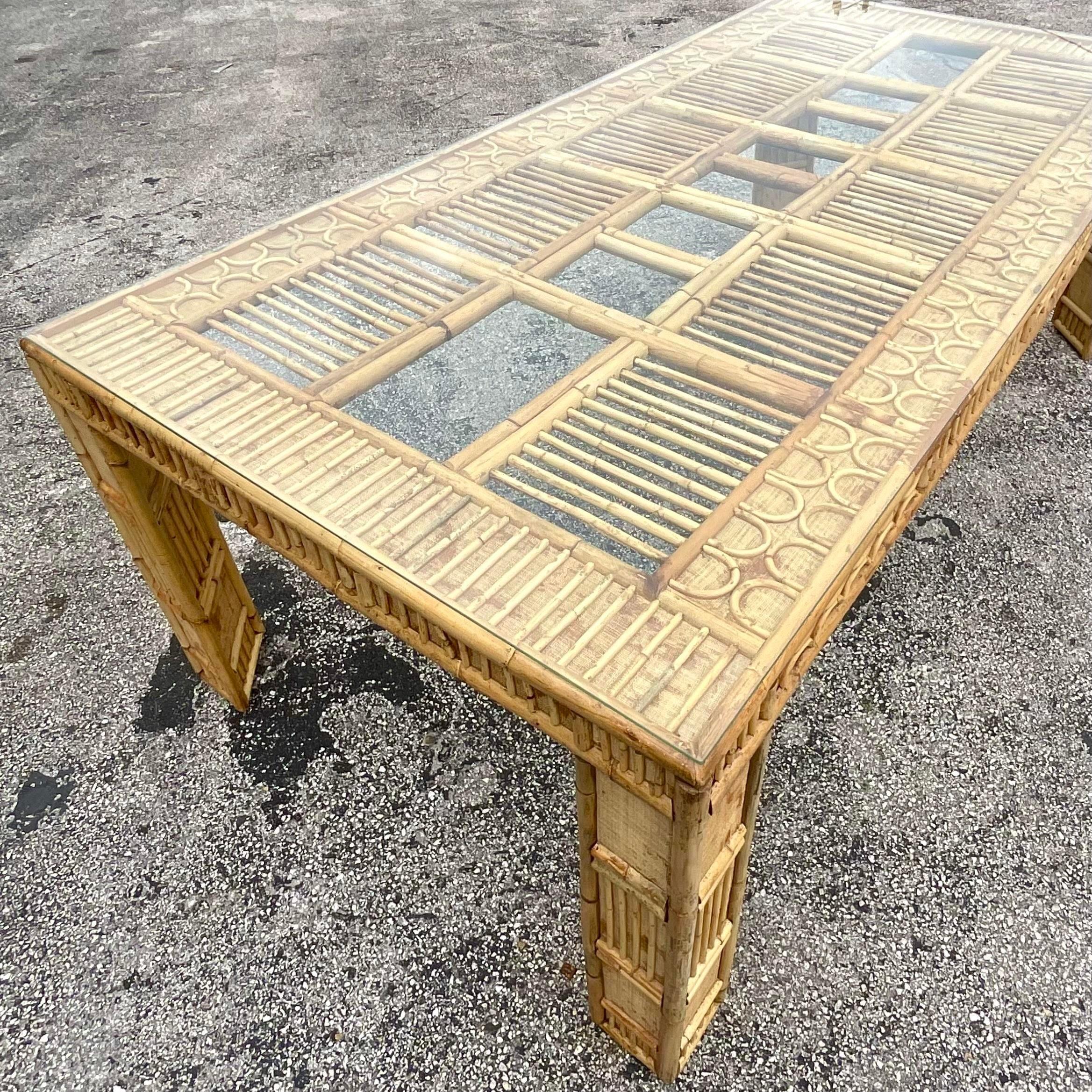 Late 20th Century Vintage Coastal Rattan and Grasscloth Dining Table In Good Condition For Sale In west palm beach, FL