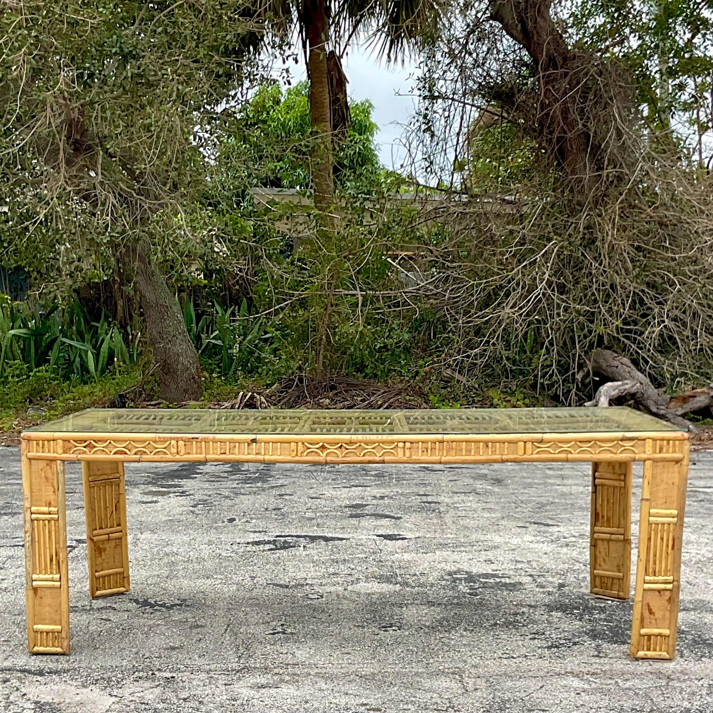 Late 20th Century Vintage Coastal Rattan and Grasscloth Dining Table For Sale 1