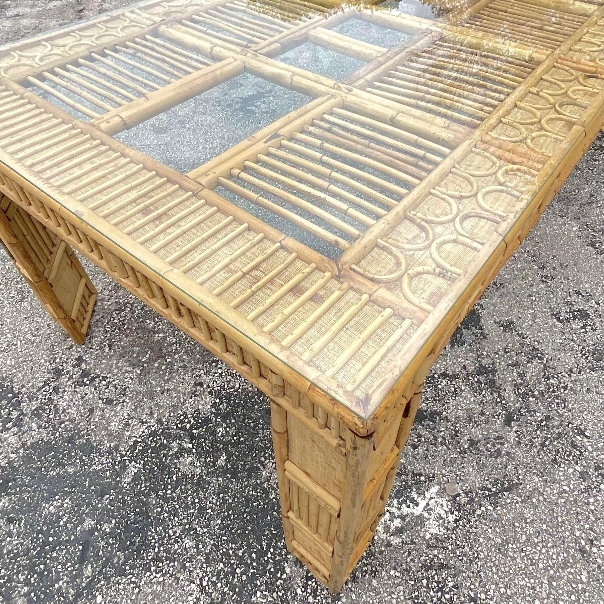 Late 20th Century Vintage Coastal Rattan and Grasscloth Dining Table For Sale 2
