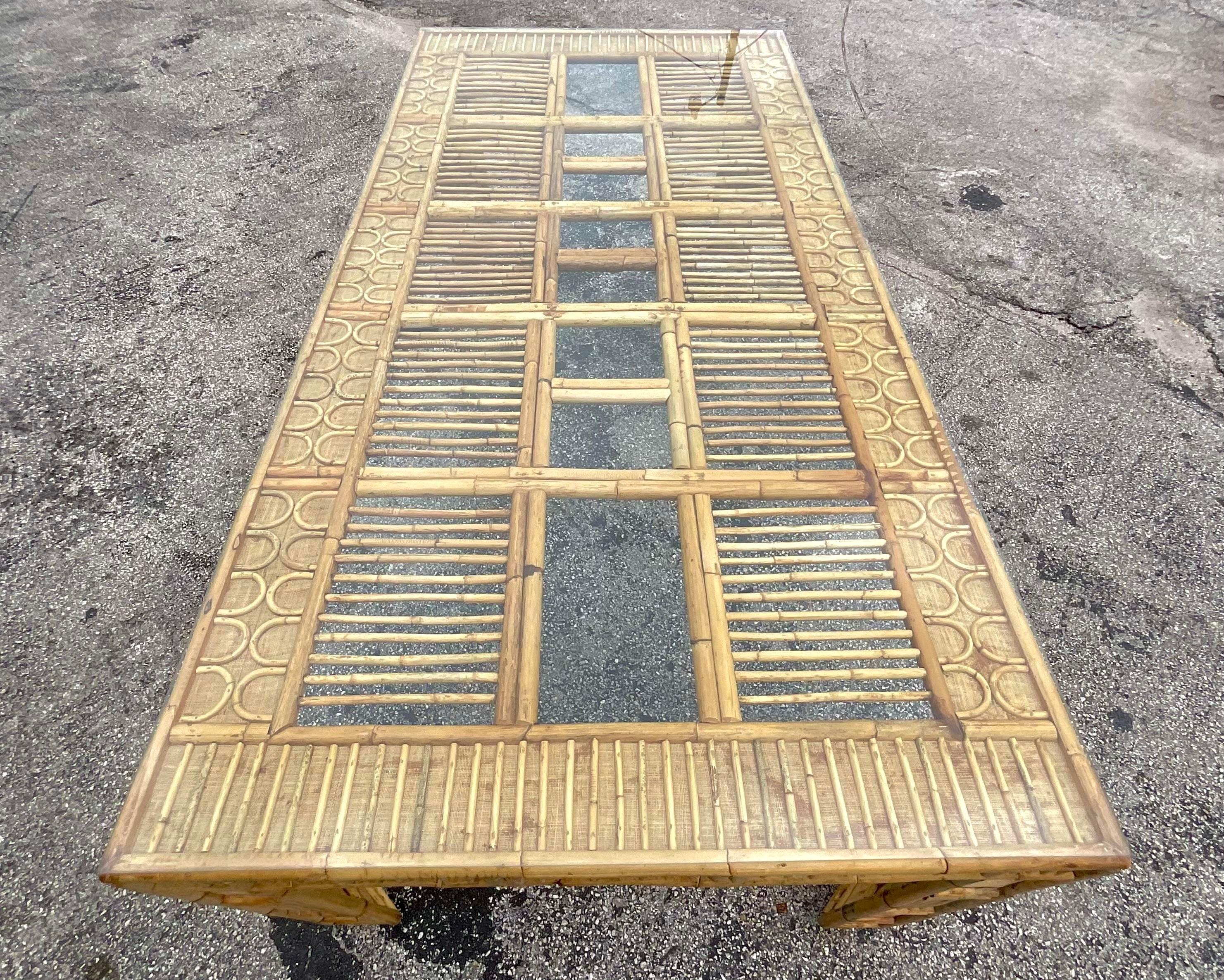 Late 20th Century Vintage Coastal Rattan and Grasscloth Dining Table For Sale 3