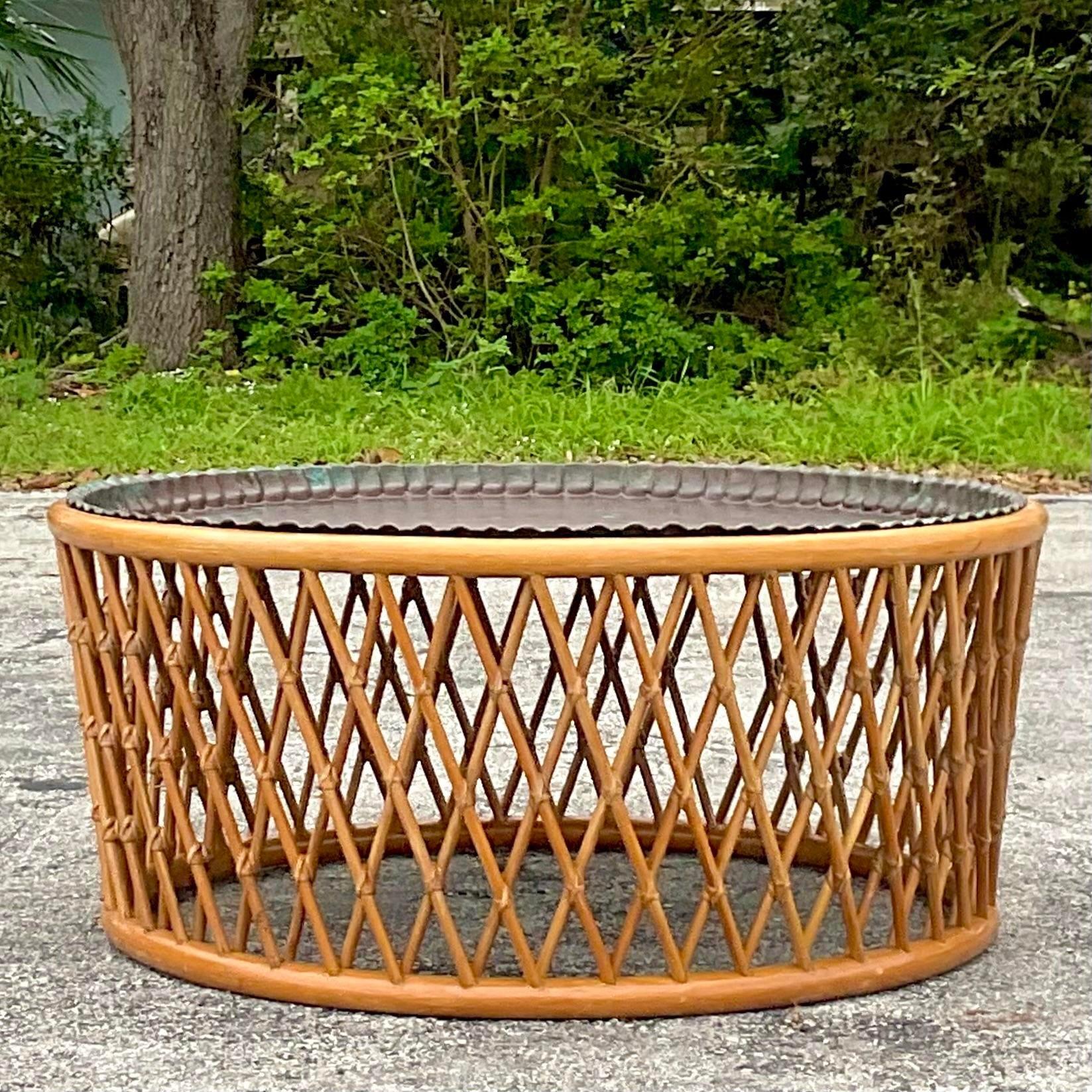 Late 20th Century Vintage Coastal Rattan and Patinated Brass Tray Coffee Table For Sale 6