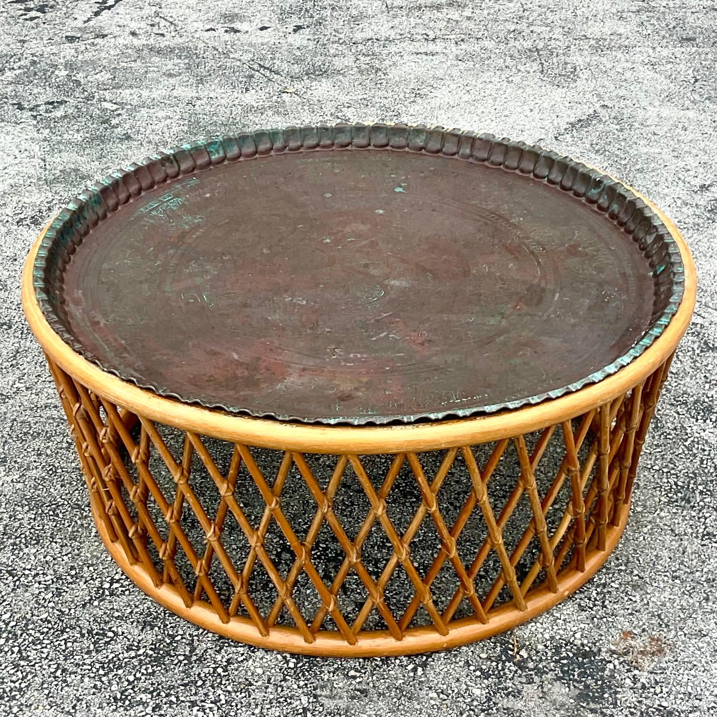 Late 20th Century Vintage Coastal Rattan and Patinated Brass Tray Coffee Table For Sale 1
