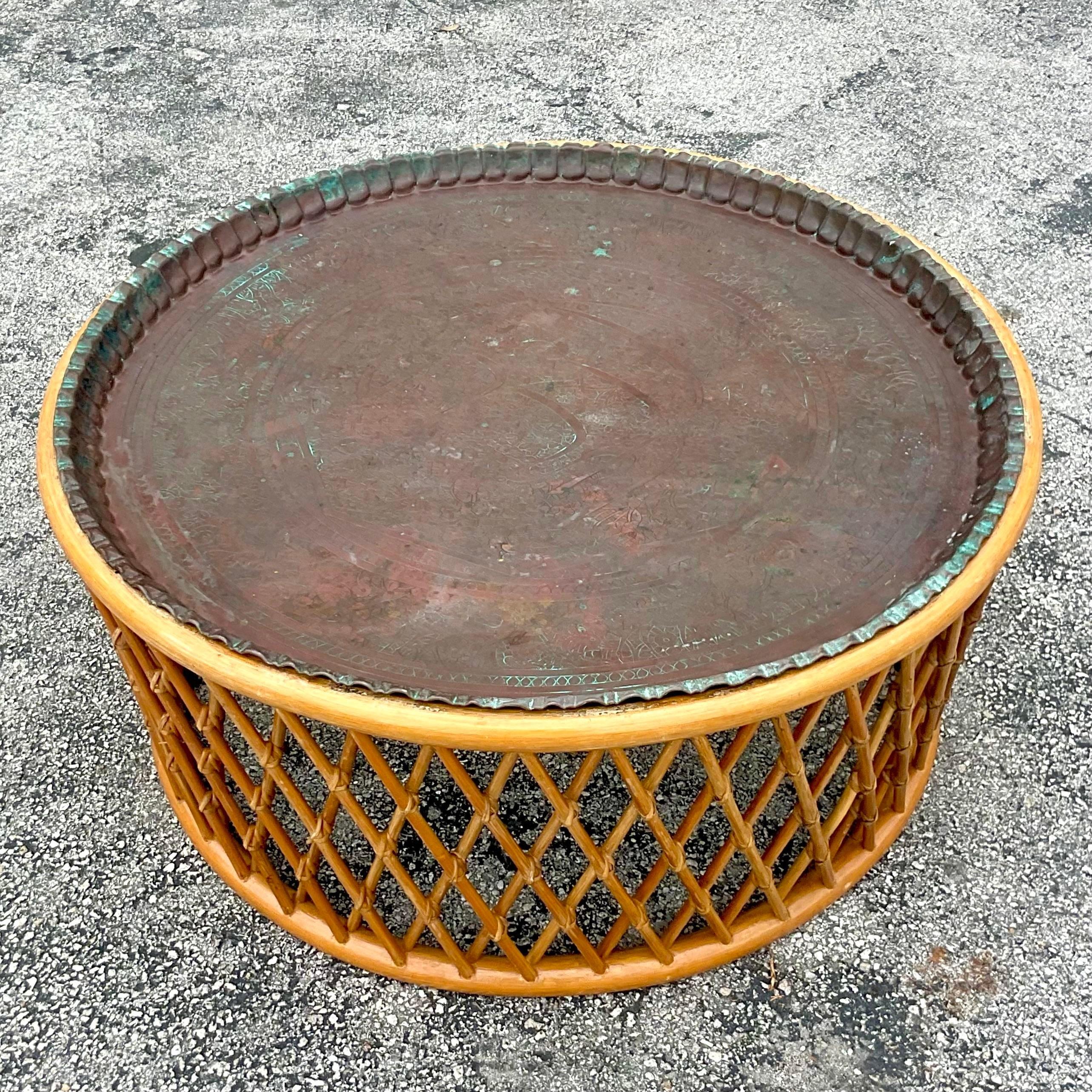 Late 20th Century Vintage Coastal Rattan and Patinated Brass Tray Coffee Table For Sale 2