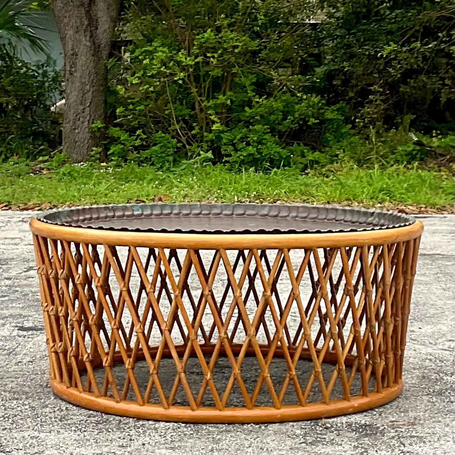 Late 20th Century Vintage Coastal Rattan and Patinated Brass Tray Coffee Table For Sale 5