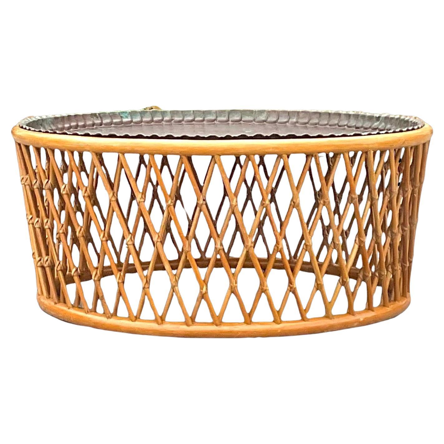 Late 20th Century Vintage Coastal Rattan and Patinated Brass Tray Coffee Table For Sale