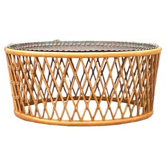 Late 20th Century Retro Coastal Rattan and Patinated Brass Tray Coffee Table