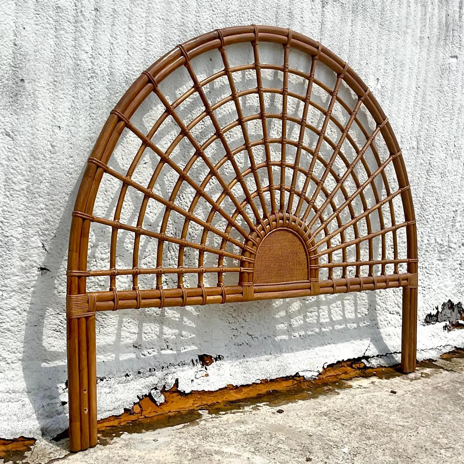 Philippine Late 20th Century Vintage Coastal Rattan Arch King Size Headboard For Sale