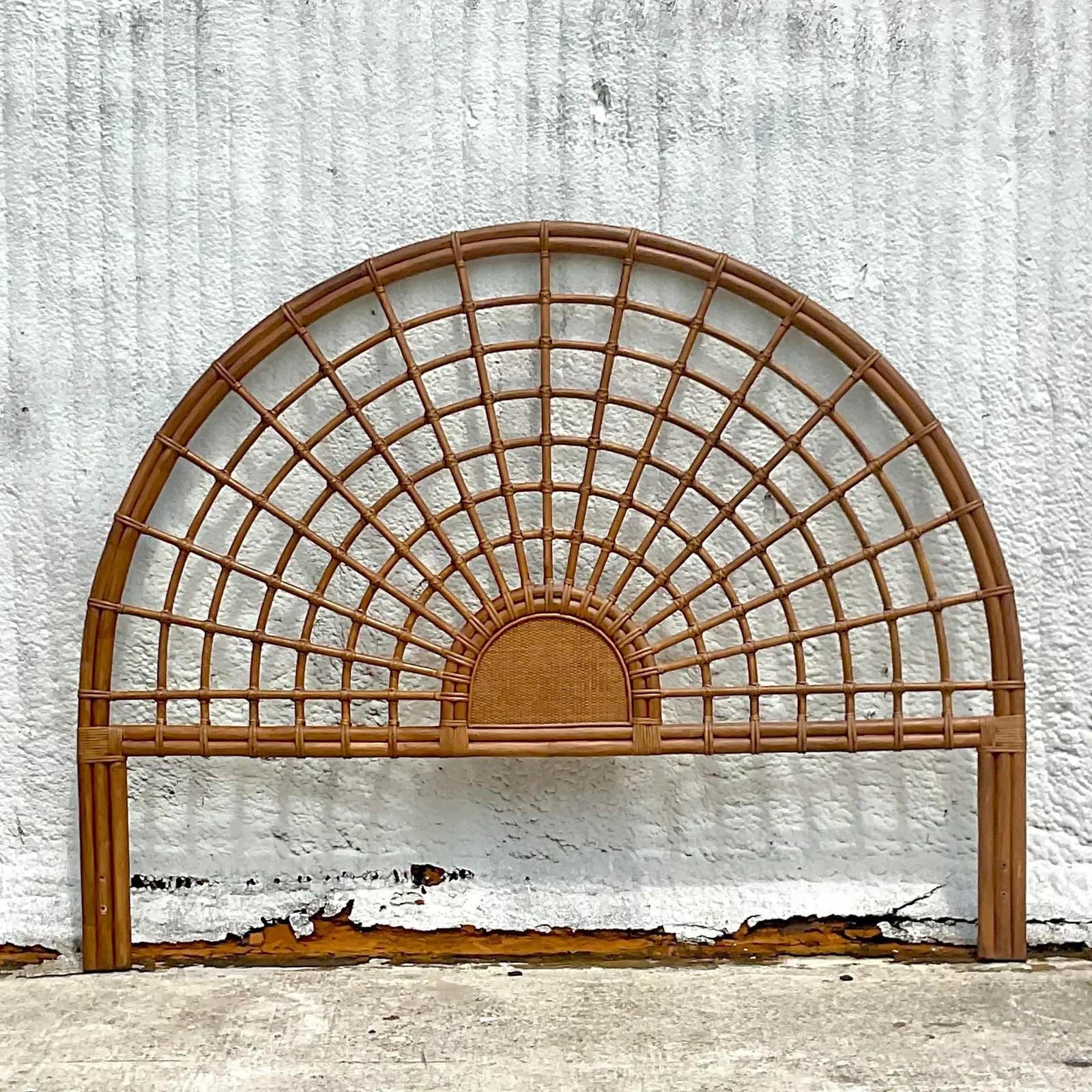 Late 20th Century Vintage Coastal Rattan Arch King Size Headboard In Good Condition For Sale In west palm beach, FL