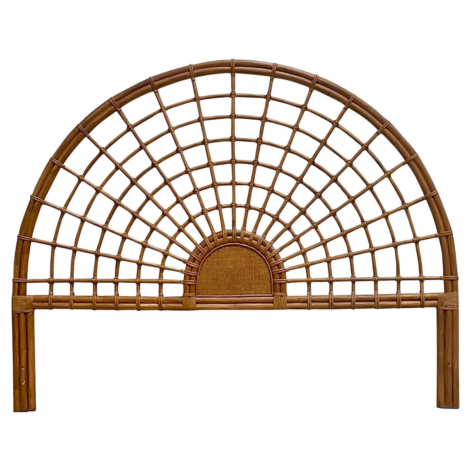 Late 20th Century Vintage Coastal Rattan Arch King Size Headboard For Sale