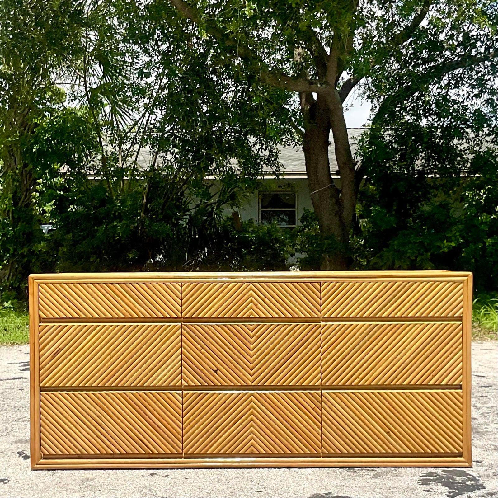 A fabulous vintage Coastal 9 drawer dresser. A chic rattan cabinet in a Chevron design. A real statement piece. Perfect also as a credenza. You decide! Acquired from a Palm Beach estate.