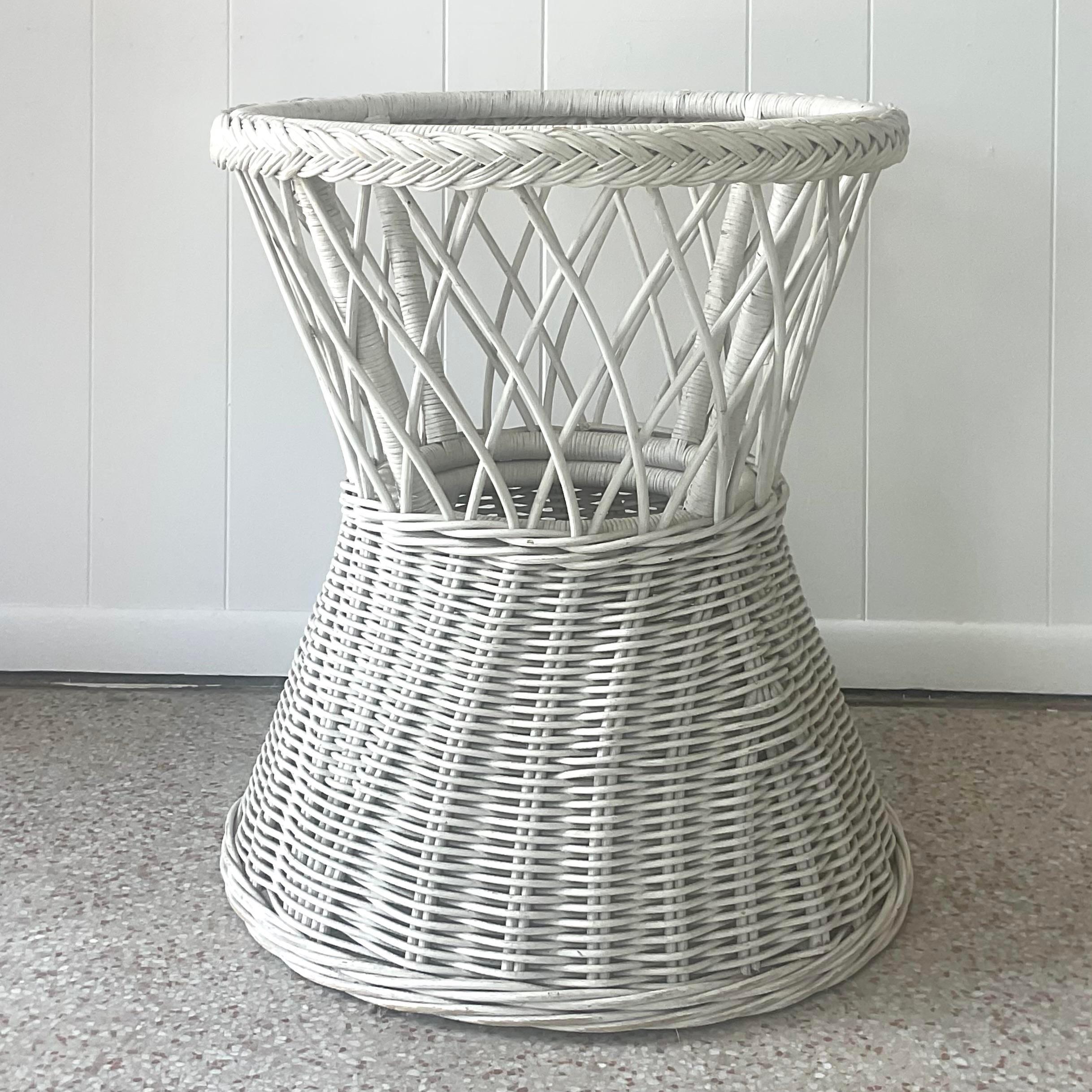A fabulous vintage Coastal dining table pedestal. A chic thick woven rattan in a matte white finish. Just add your glass! Acquired from a Palm Beach estate. less