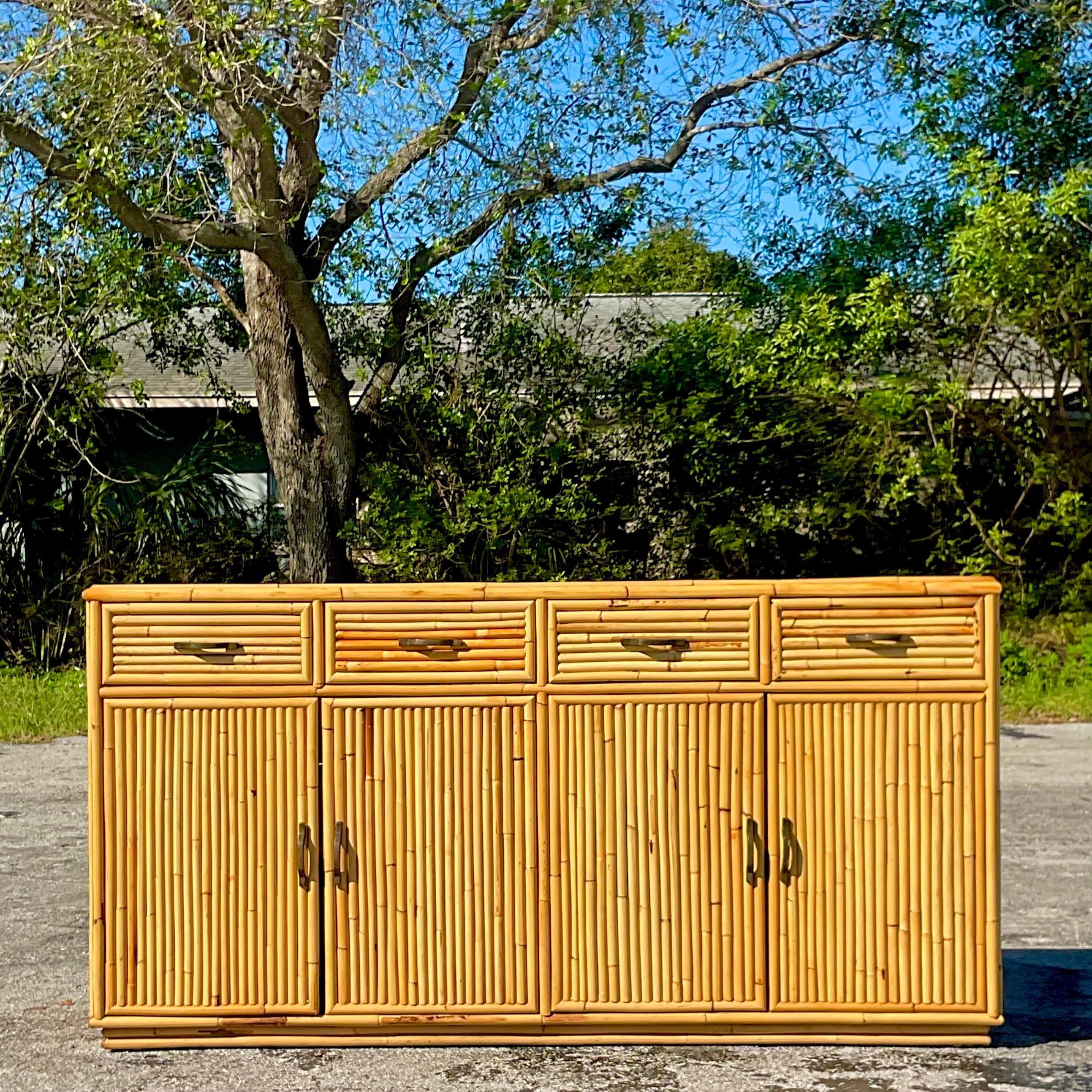 Late 20th Century Vintage Coastal Rattan Four Door Credenza In Good Condition For Sale In west palm beach, FL